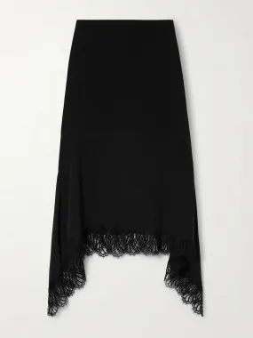 Asymmetric lace-trimmed silk-crepe skirt