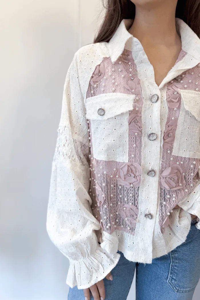 Balloon Sleeve Flower Pearl Jacket in Mauve