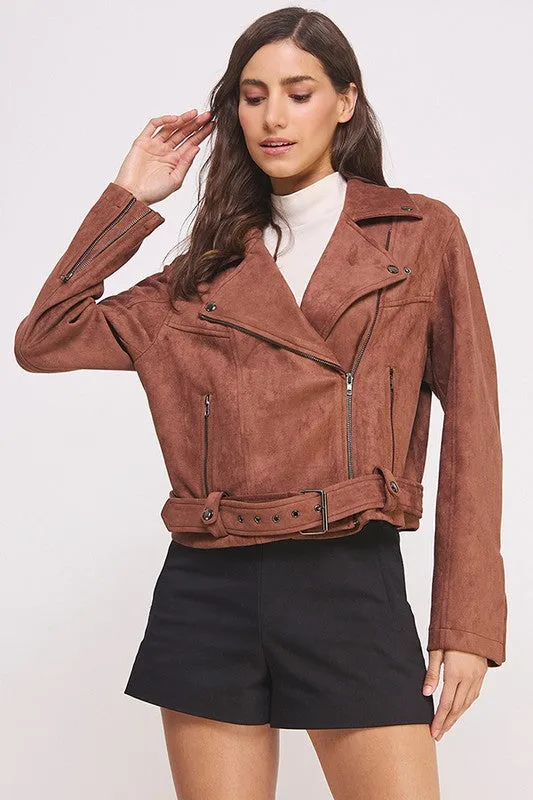 BELTED LONG SLEEVE ZIPPERED SUEDE MOTO JACKET