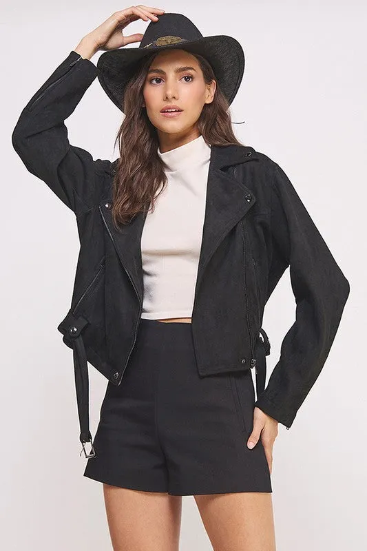 BELTED LONG SLEEVE ZIPPERED SUEDE MOTO JACKET