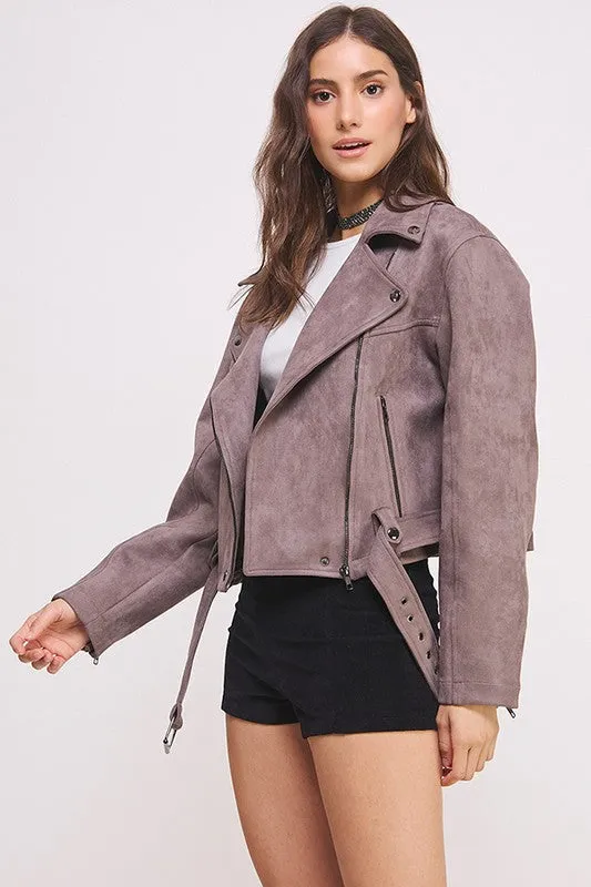 BELTED LONG SLEEVE ZIPPERED SUEDE MOTO JACKET