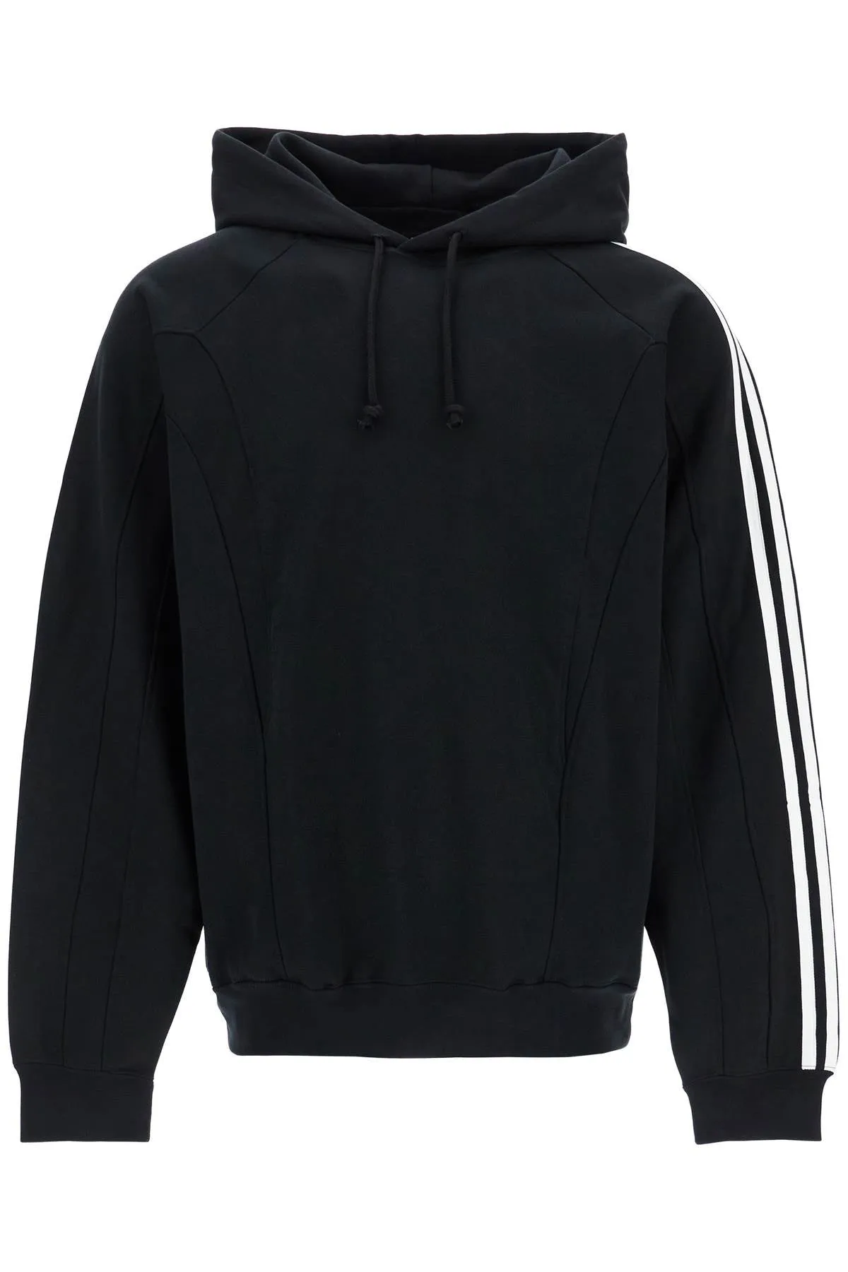 black cotton and recycled polyester hoodie with white raglan stripes