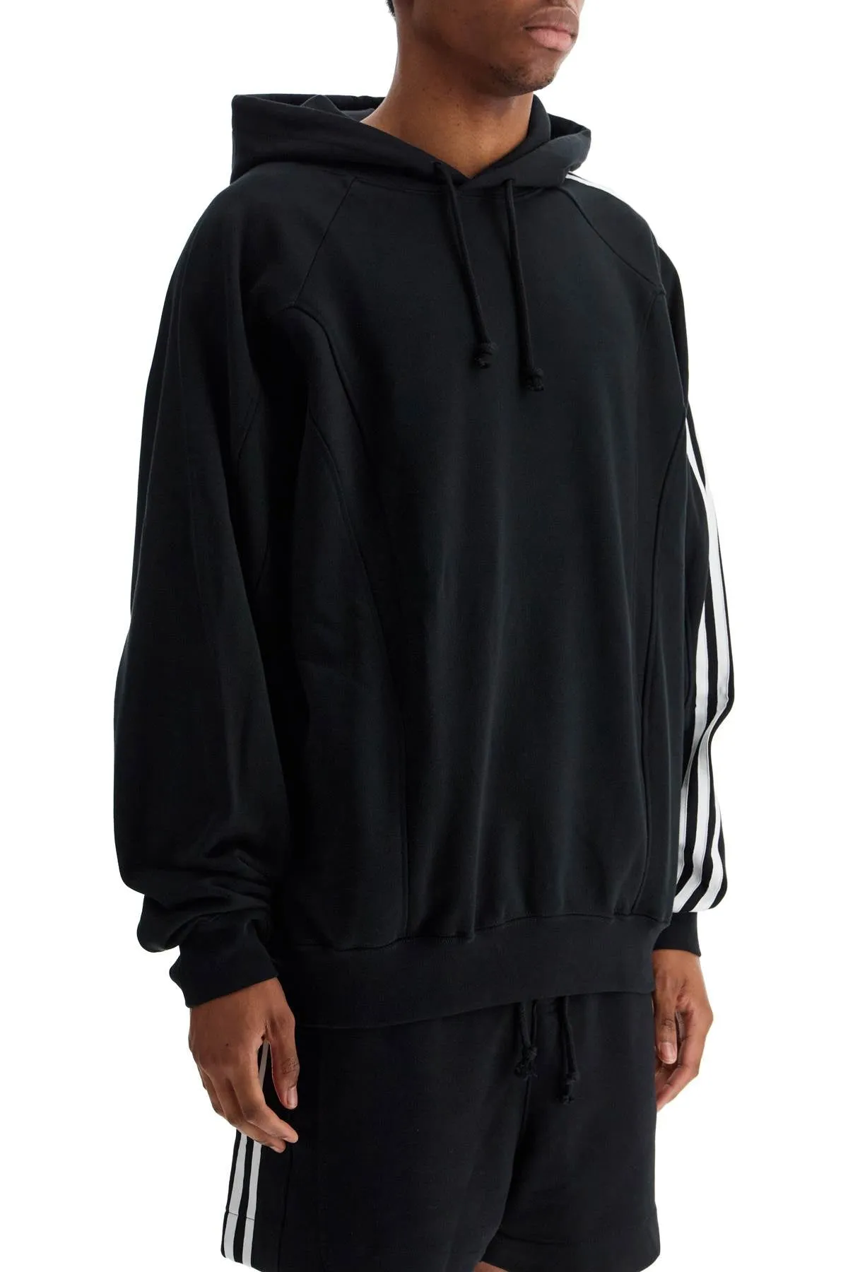 black cotton and recycled polyester hoodie with white raglan stripes