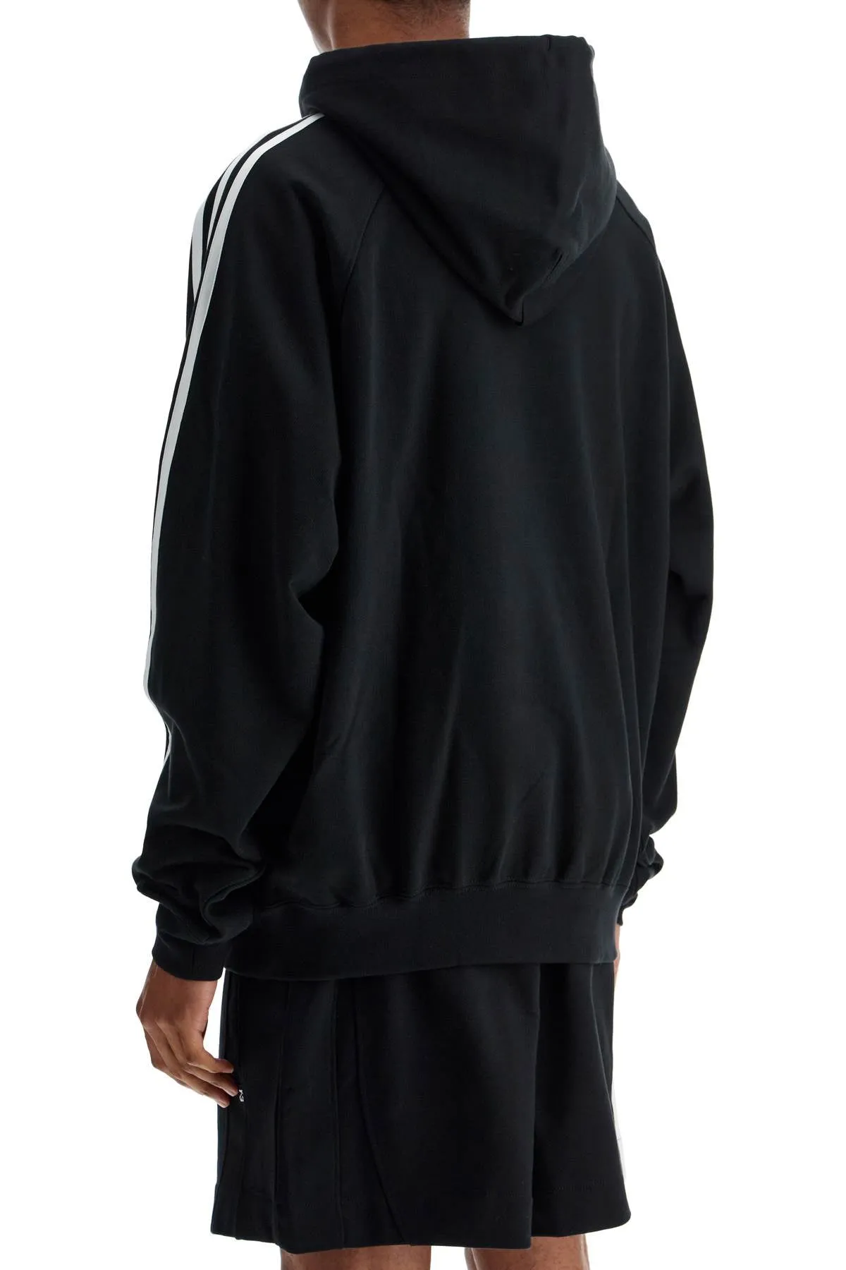 black cotton and recycled polyester hoodie with white raglan stripes