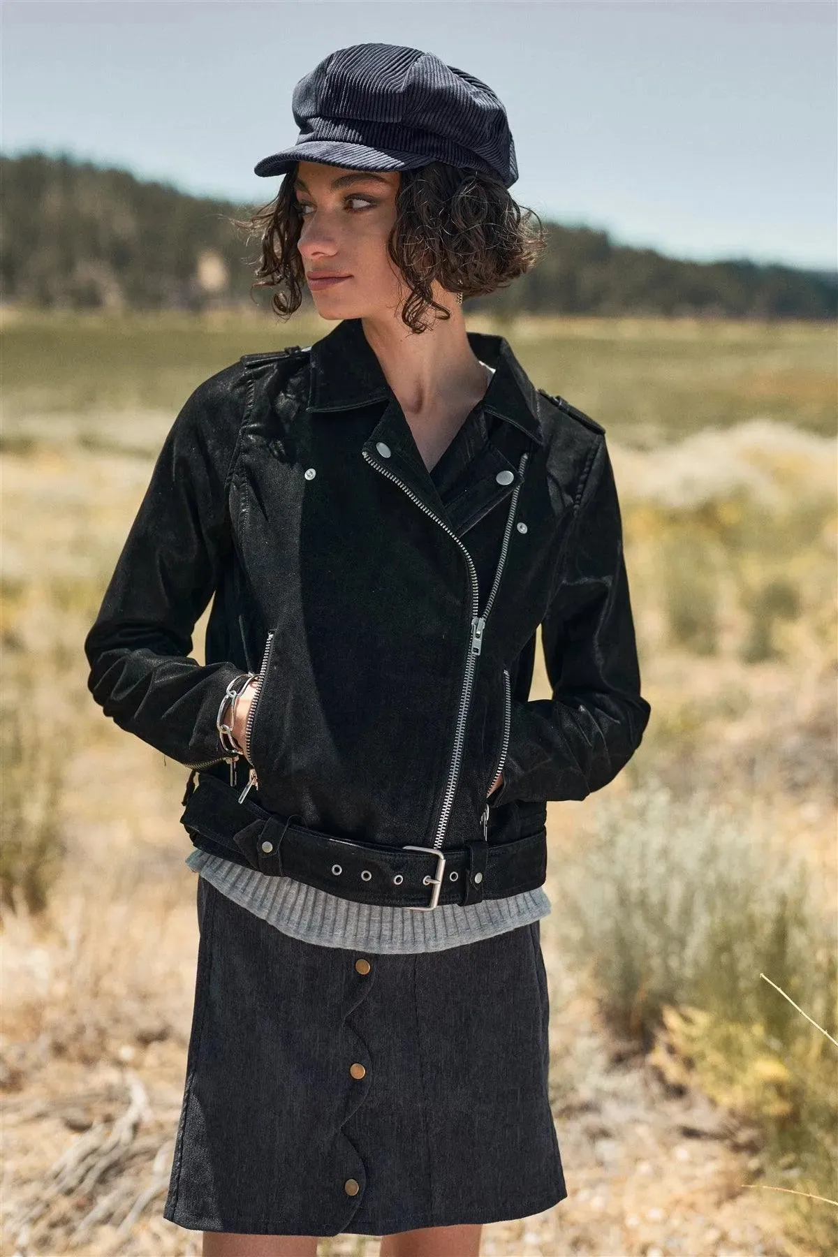 Black Faux Suede Edgy Belted Hem Biker Jacket