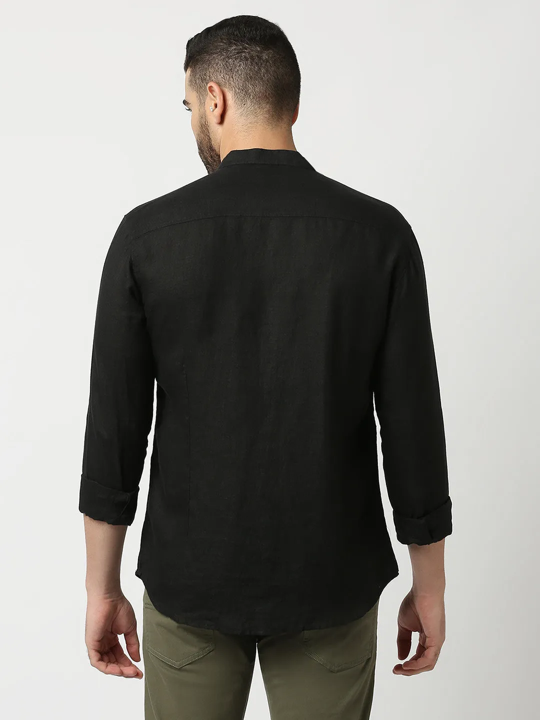 Black Pure Linen Shirt With Mandarin Collar