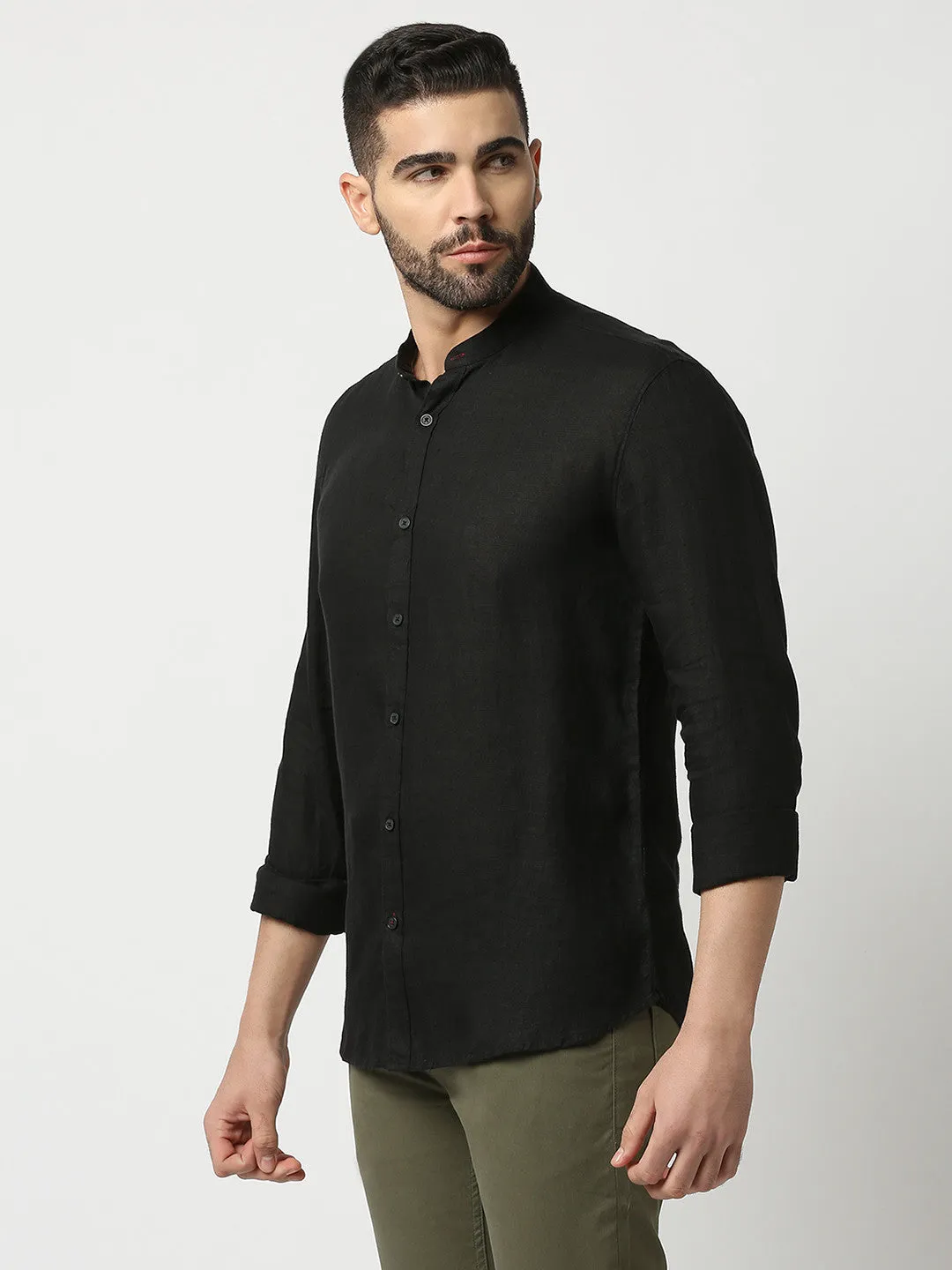 Black Pure Linen Shirt With Mandarin Collar