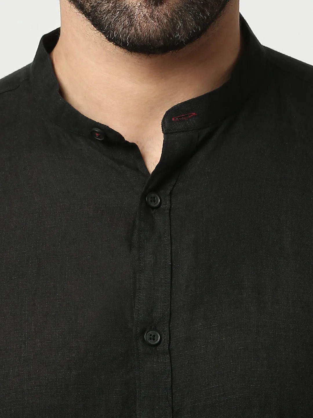 Black Pure Linen Shirt With Mandarin Collar