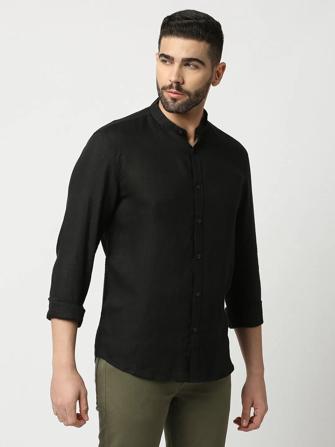 Black Pure Linen Shirt With Mandarin Collar