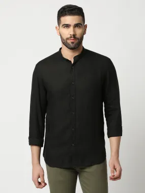 Black Pure Linen Shirt With Mandarin Collar