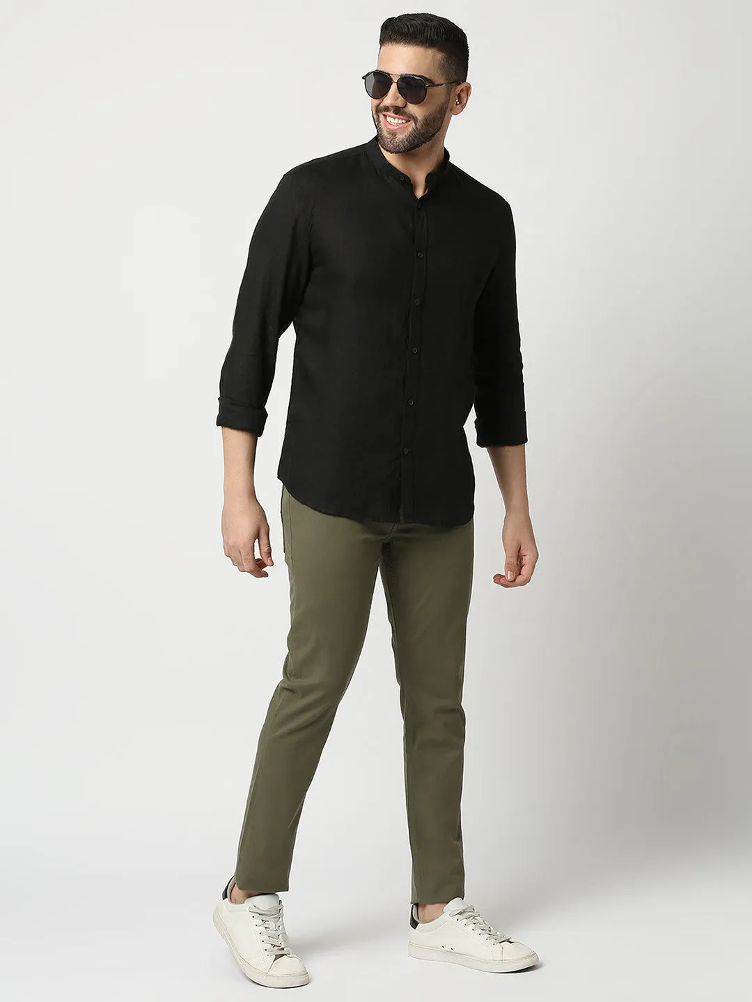 Black Pure Linen Shirt With Mandarin Collar