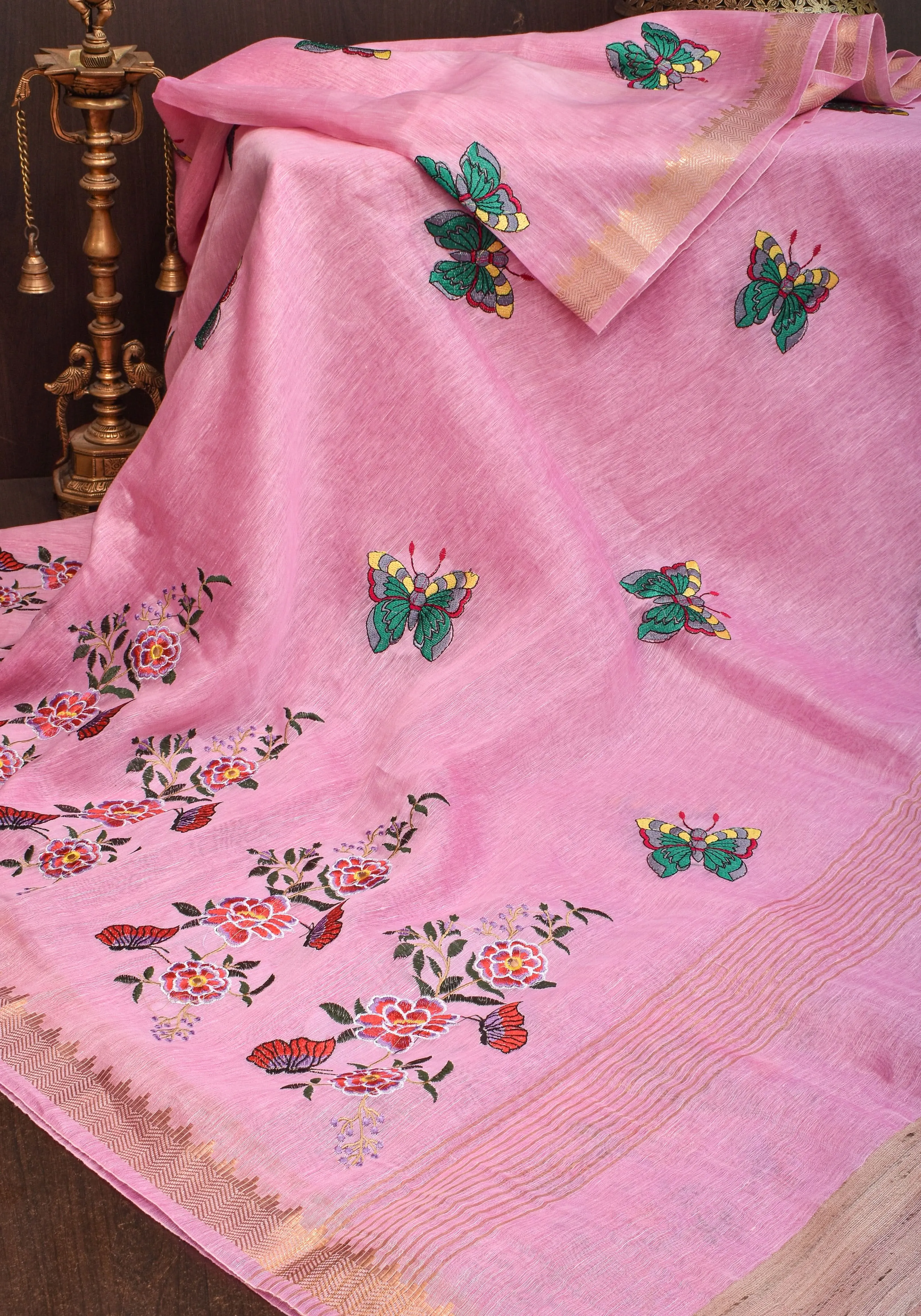 Blooms of Joy - Floral Embroidered Saree in Lotus Pink