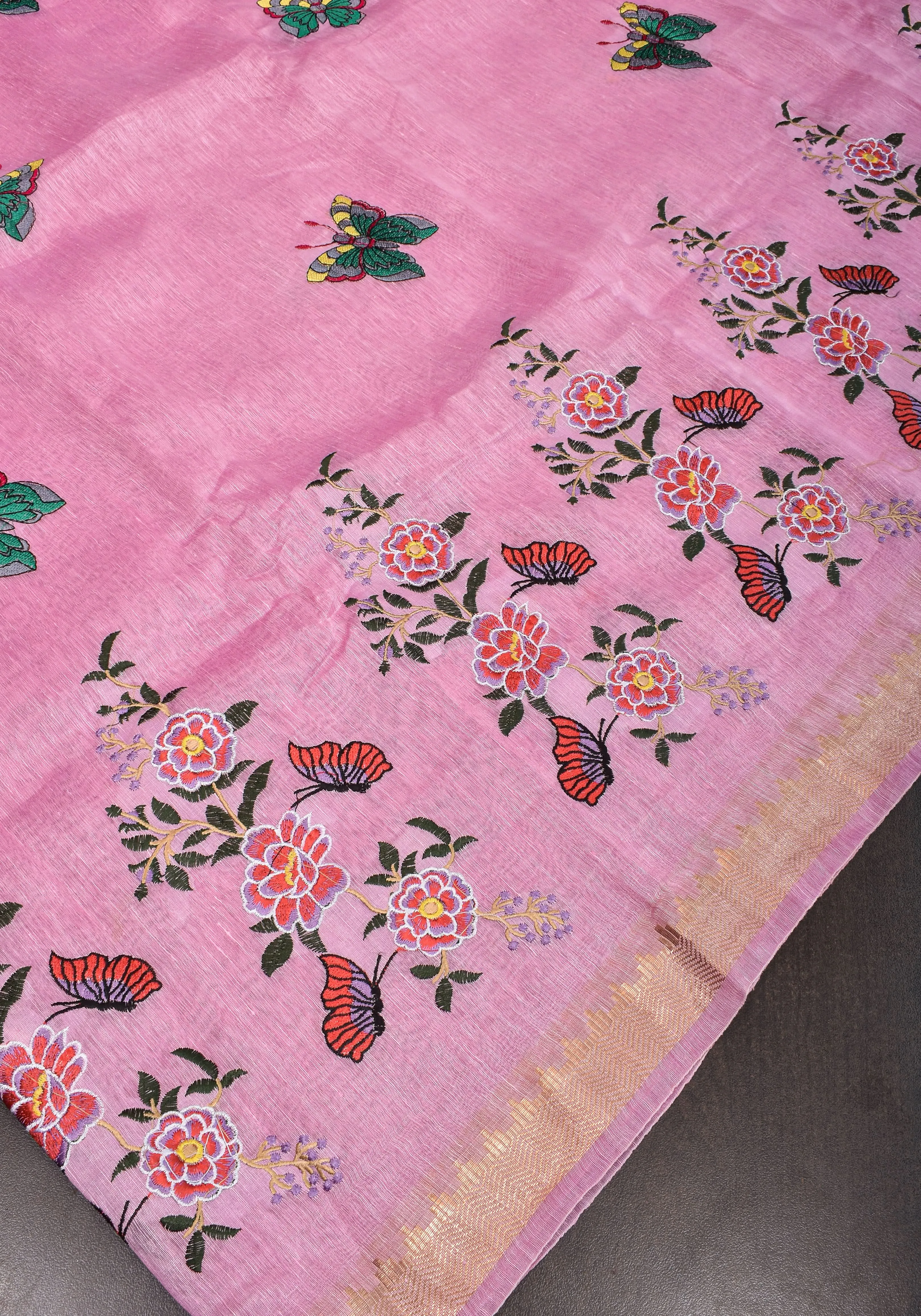 Blooms of Joy - Floral Embroidered Saree in Lotus Pink