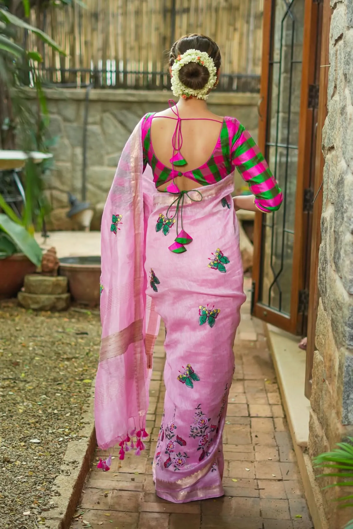 Blooms of Joy - Floral Embroidered Saree in Lotus Pink