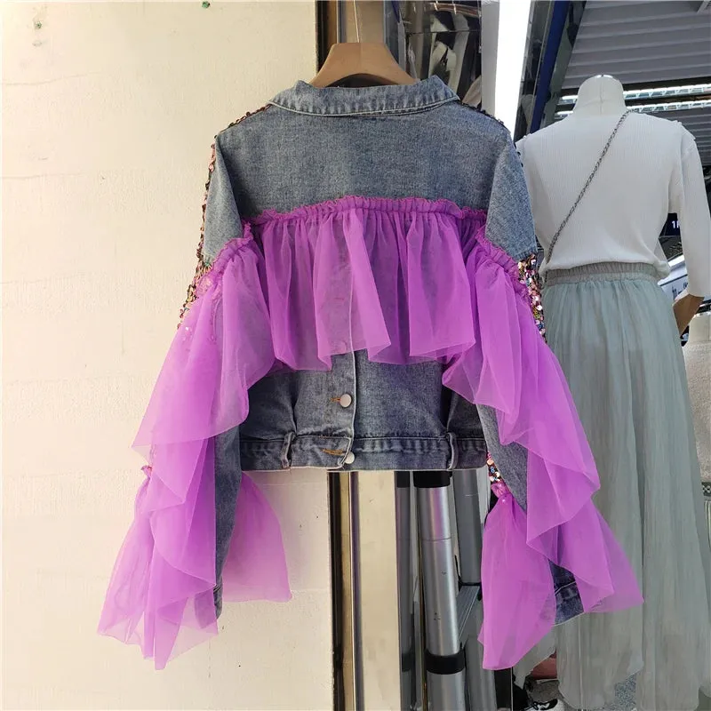 Blue Short Denim Coat Sequin Tie-dye Net Yarn Splicing Jean Jacket