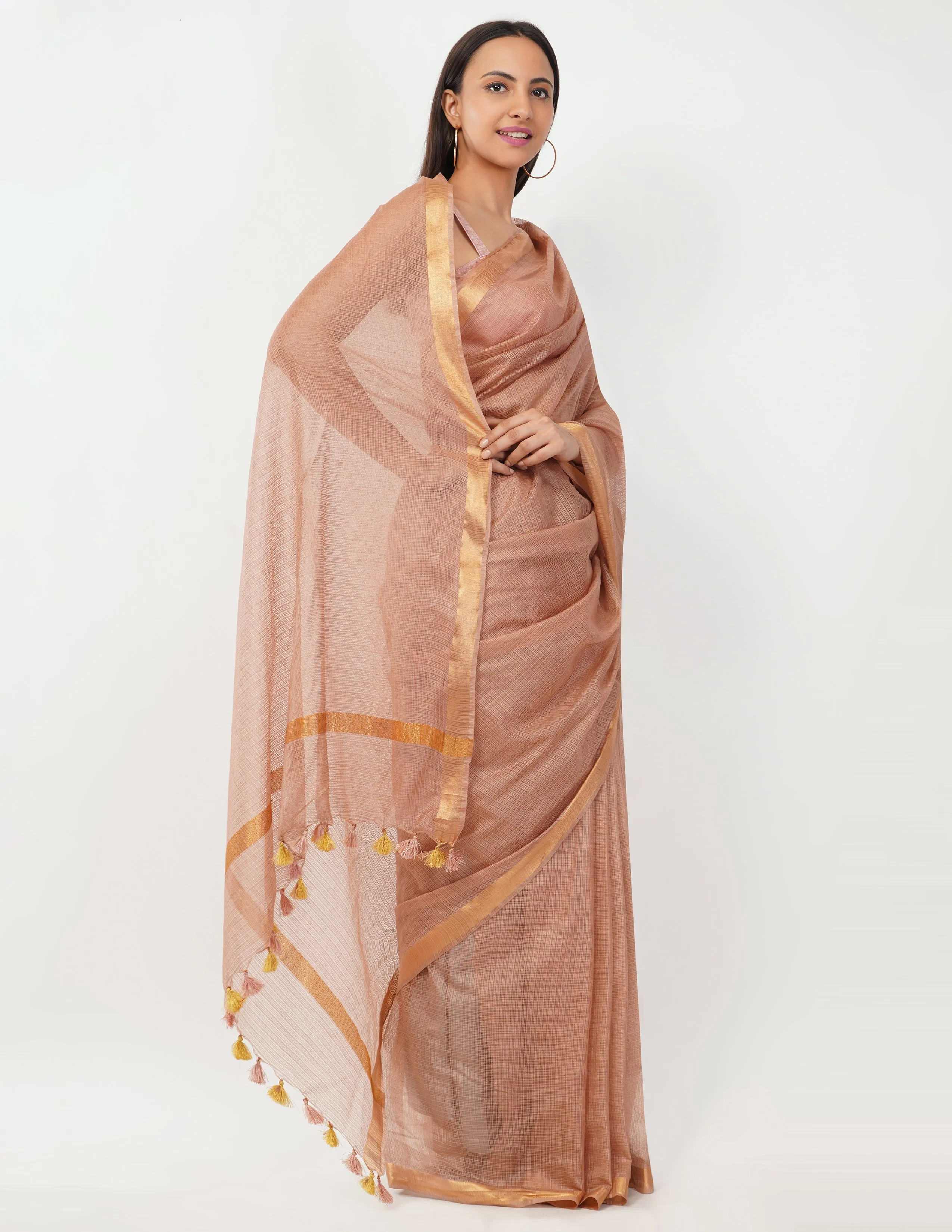 Blush-toned body with a subtle golden shimmer  Saree