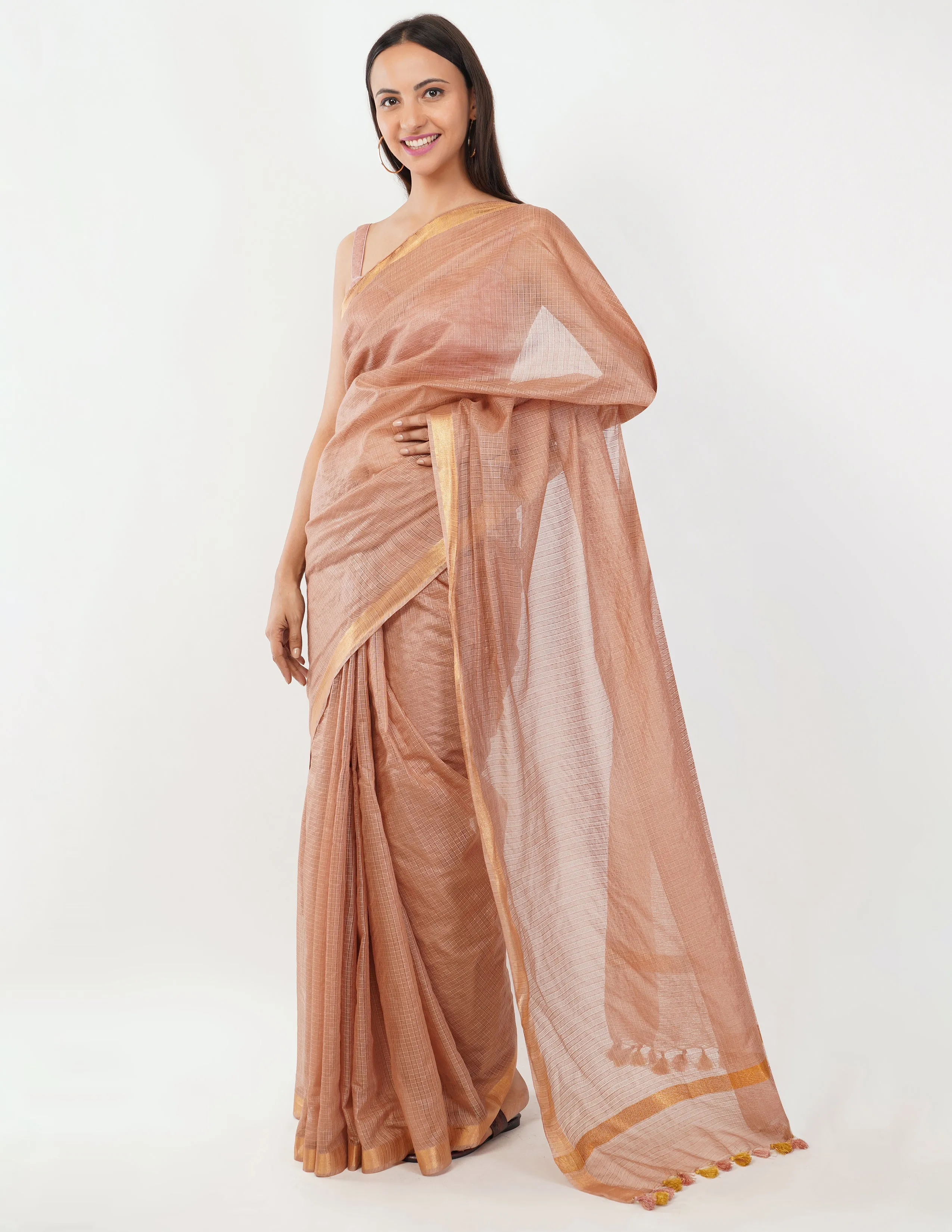 Blush-toned body with a subtle golden shimmer  Saree