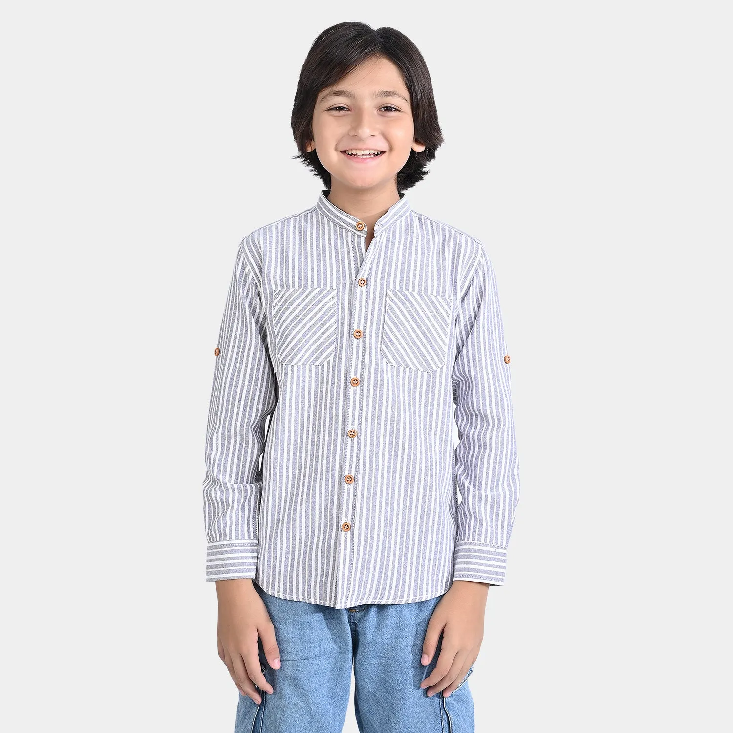 Boys Yarn Dyed Casual Shirt (Stripe Effect)-Grey/Stripe