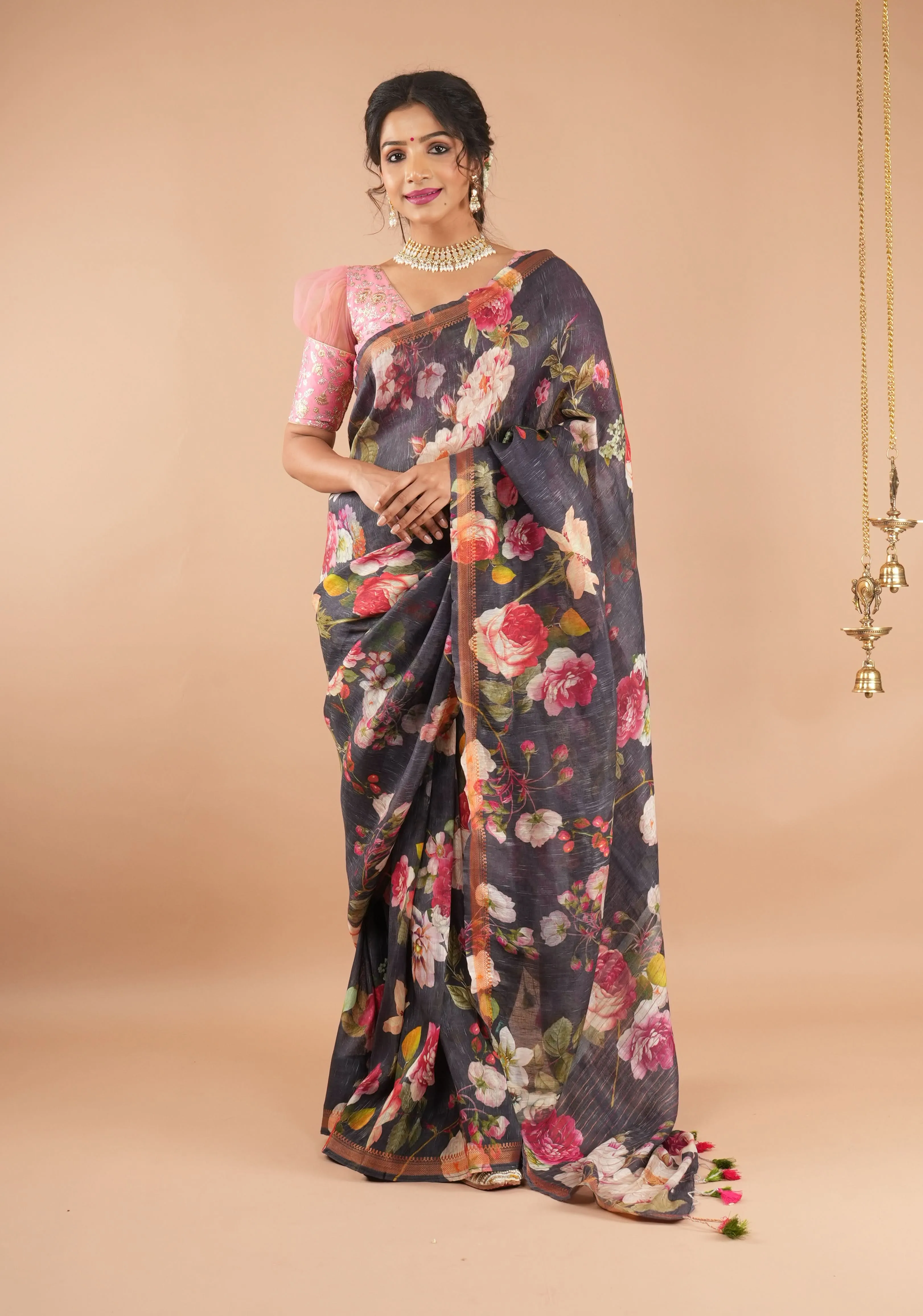 Brown-Black Silk Linen Saree with Floral Digital Print and Woven Zari Borders