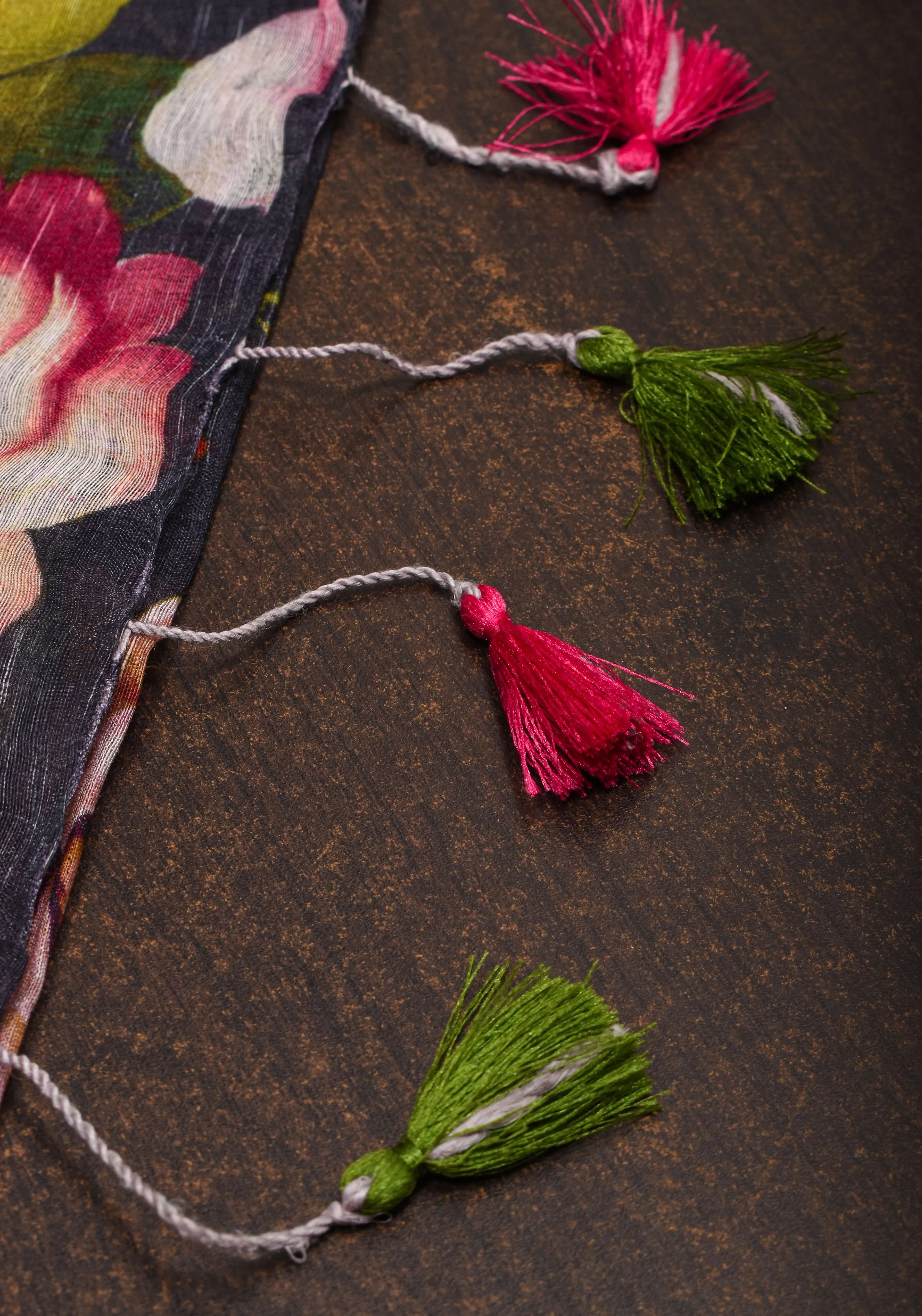 Brown-Black Silk Linen Saree with Floral Digital Print and Woven Zari Borders