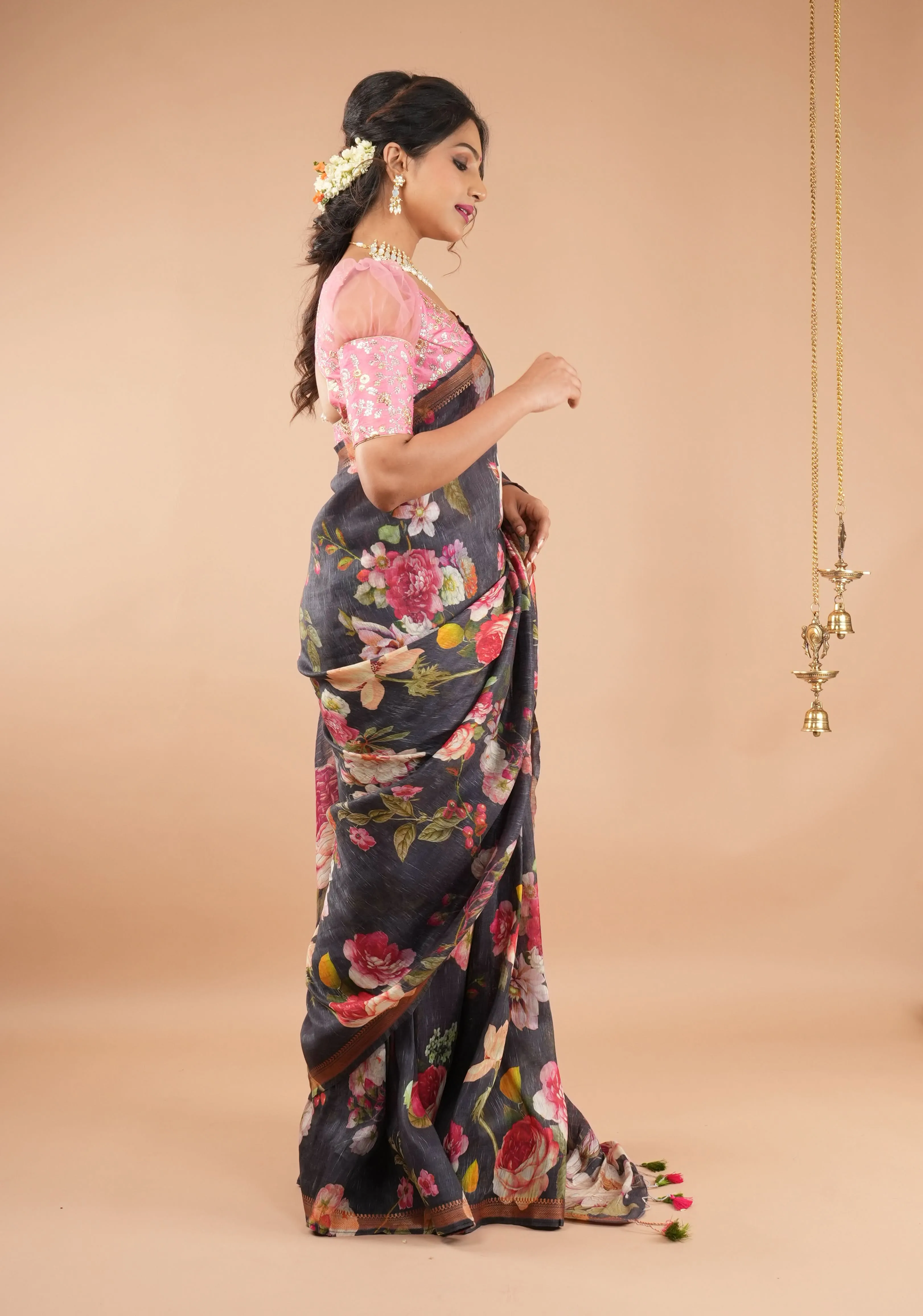 Brown-Black Silk Linen Saree with Floral Digital Print and Woven Zari Borders