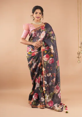 Brown-Black Silk Linen Saree with Floral Digital Print and Woven Zari Borders