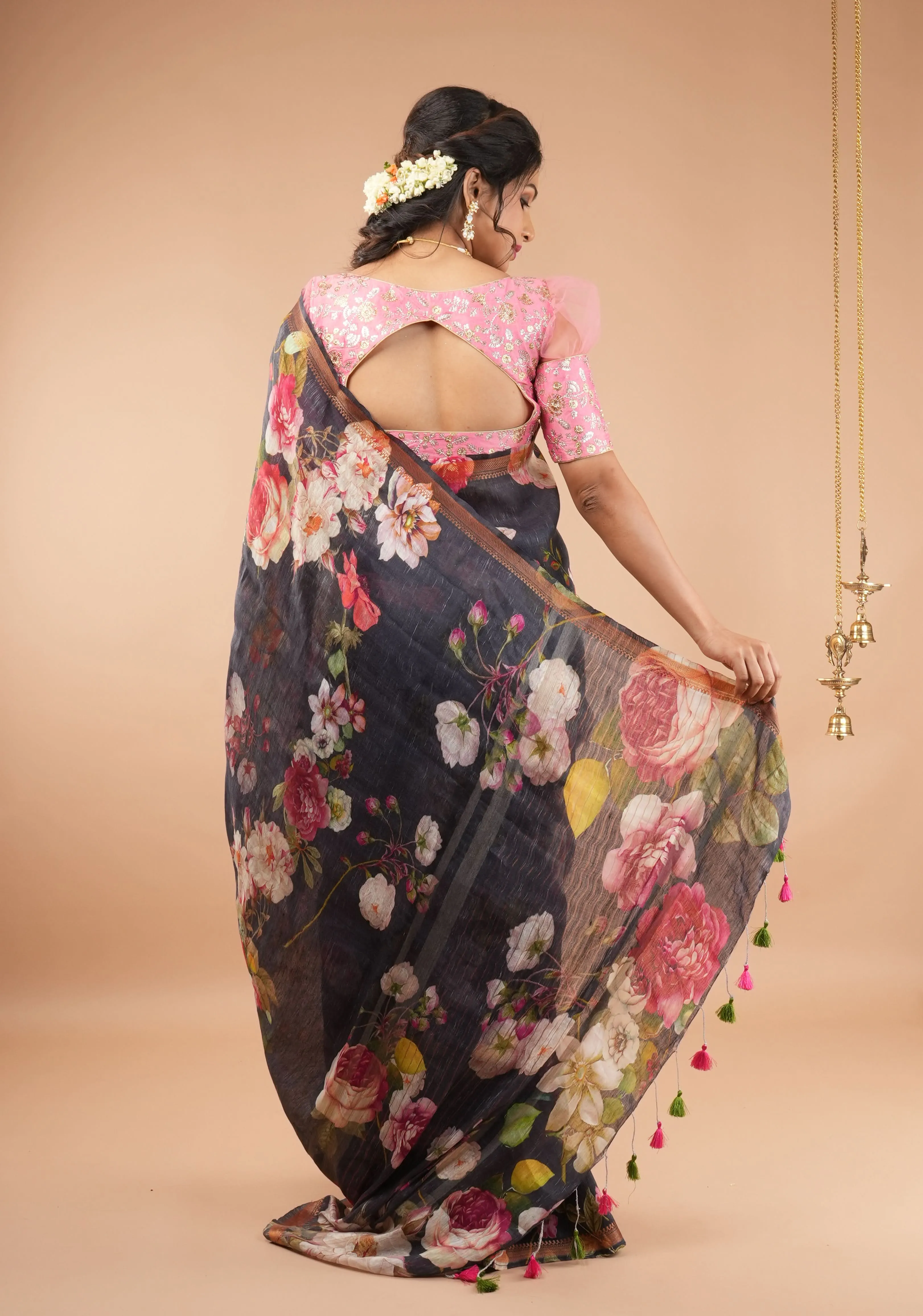 Brown-Black Silk Linen Saree with Floral Digital Print and Woven Zari Borders