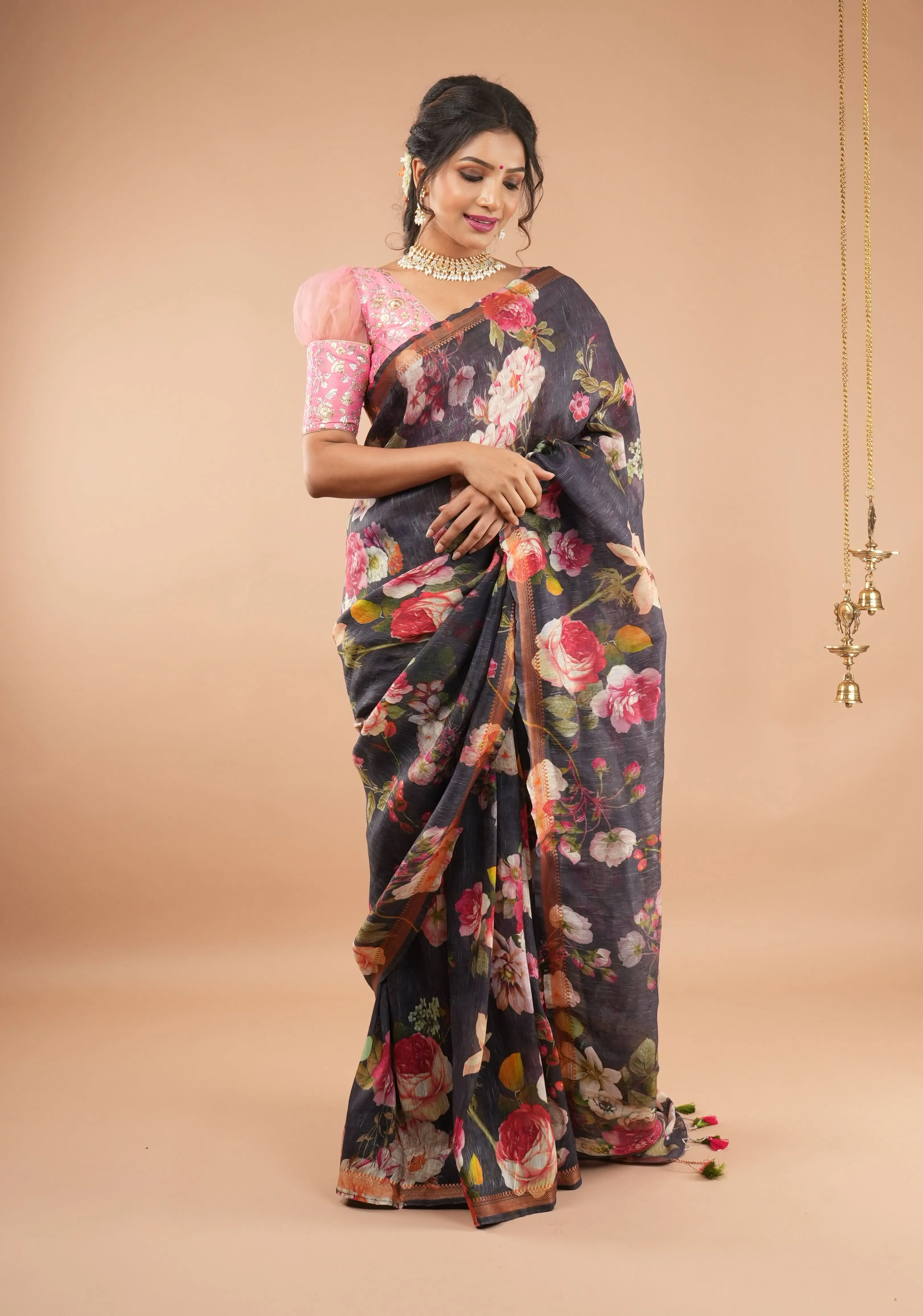 Brown-Black Silk Linen Saree with Floral Digital Print and Woven Zari Borders