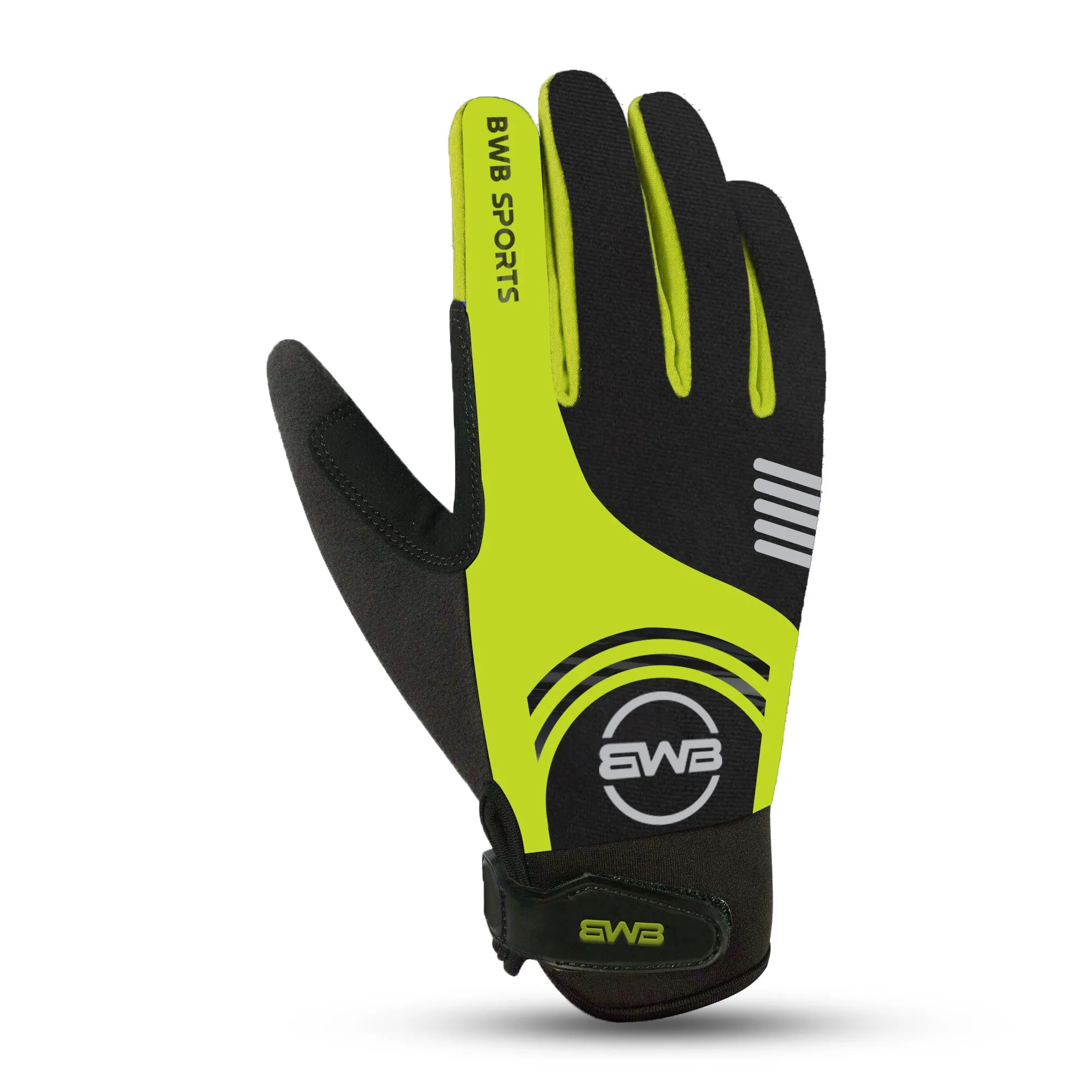 BWB Fluorescent Yellow Full Finger Gel Padded Winter Cycling Gloves