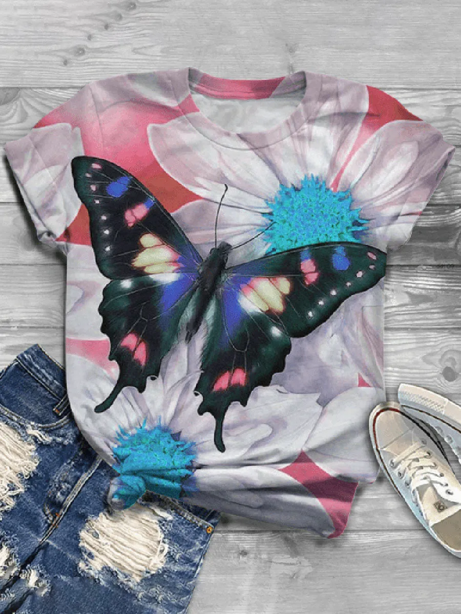 Casual Wild Impression Butterfly Printed Short-sleeved T-shirt