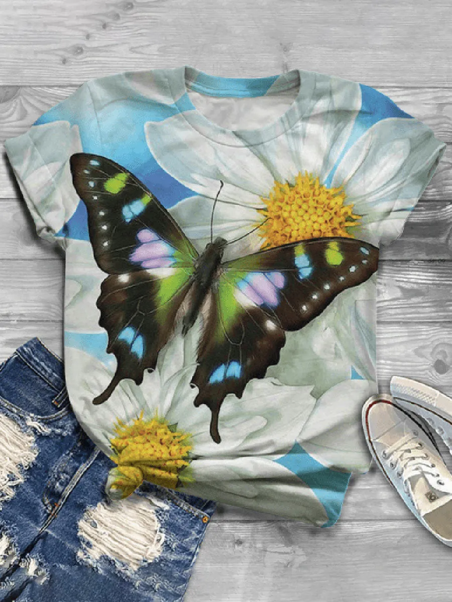 Casual Wild Impression Butterfly Printed Short-sleeved T-shirt