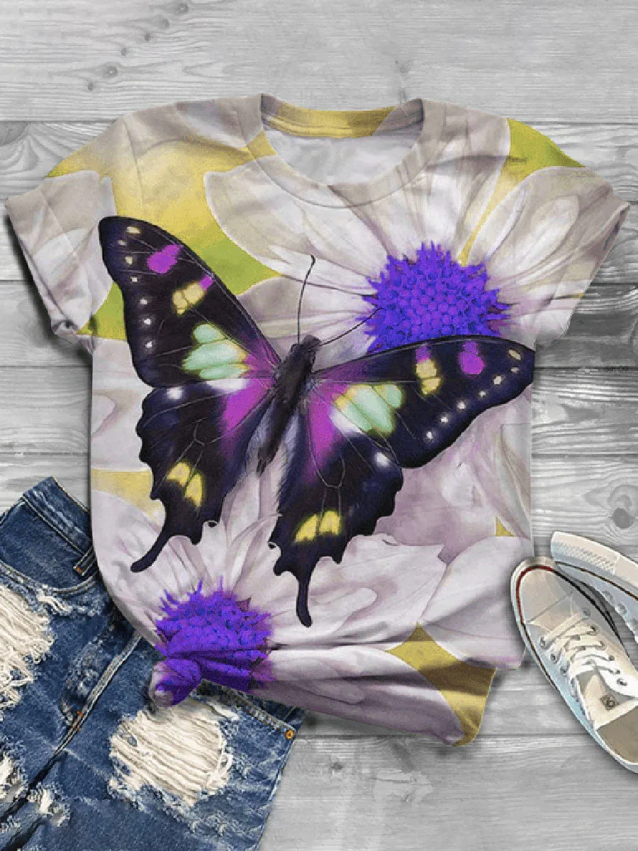 Casual Wild Impression Butterfly Printed Short-sleeved T-shirt