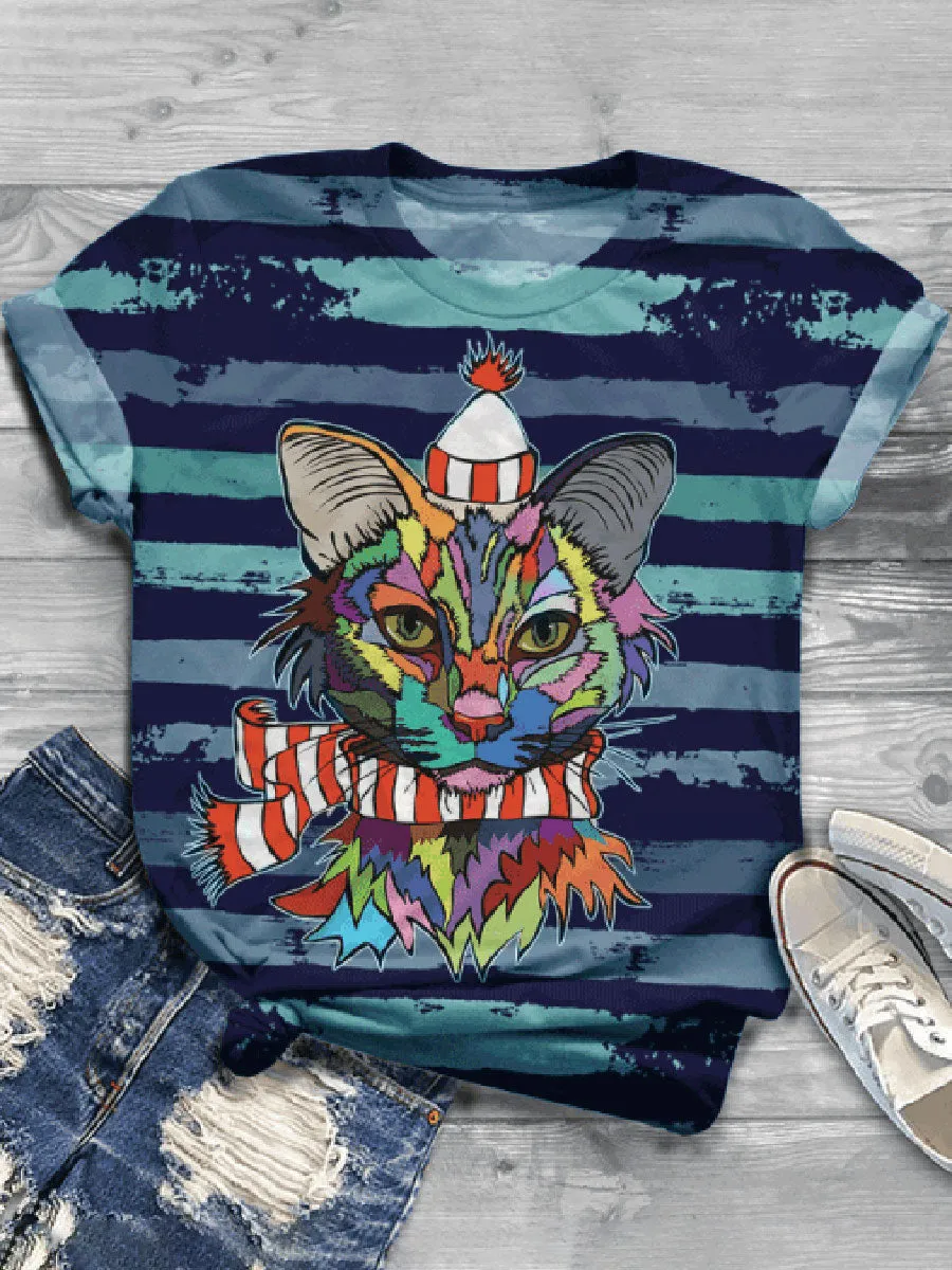 Casual Wild Impression Cat Printed Short-sleeved T-shirt