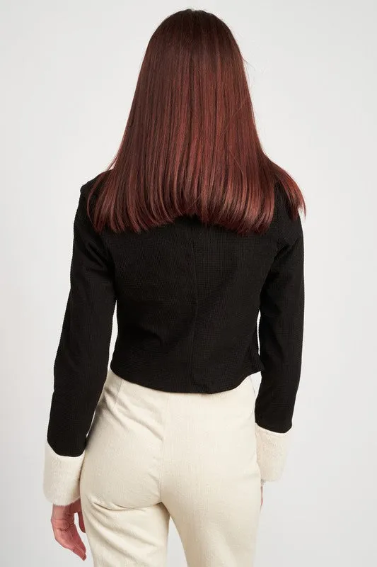 CONTRASTED COLLAR AND CUFF CROP JACKET