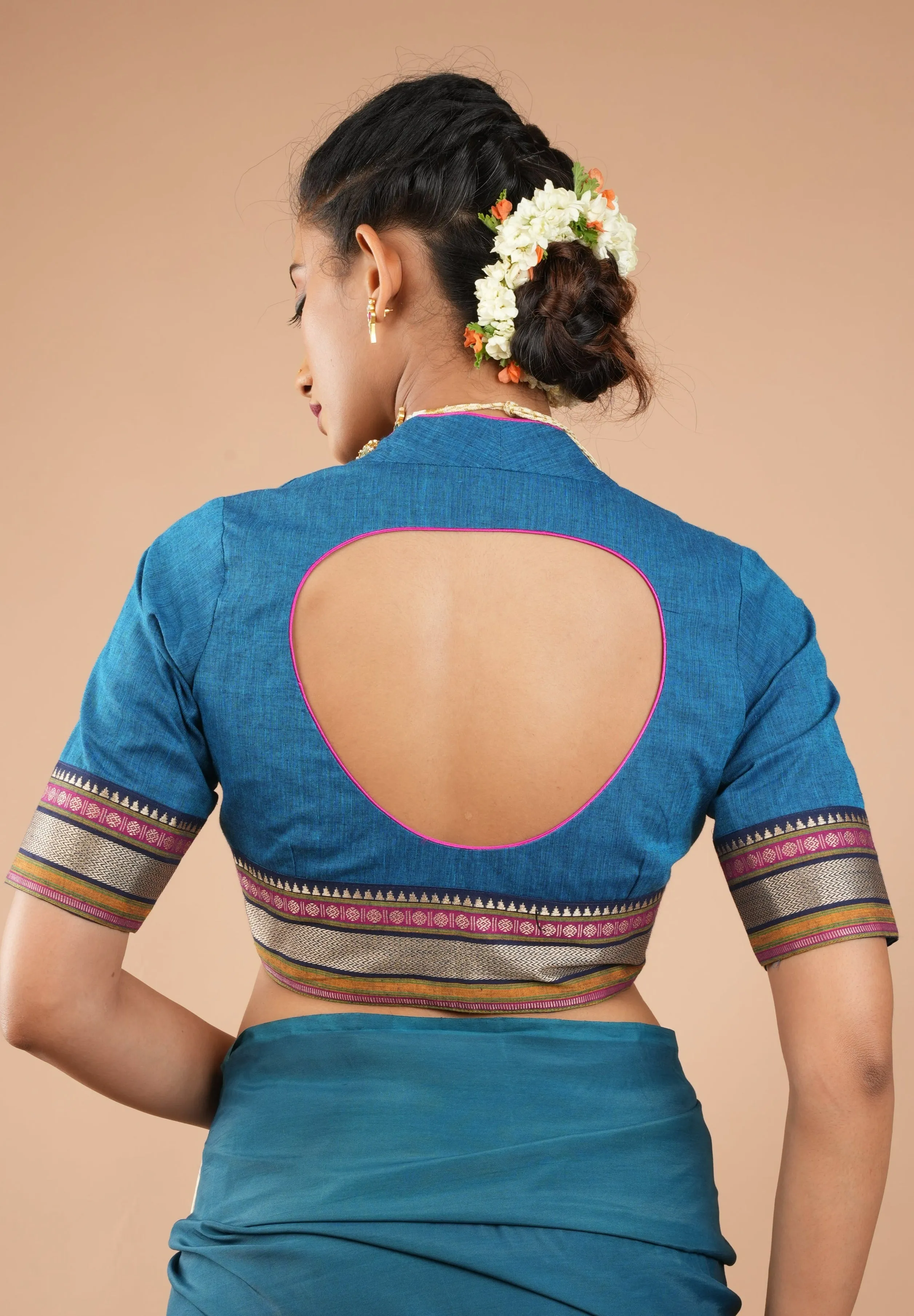 Copper Sulphate Blue Mangalagiri Cotton Blouse with Matka Neck and Cutout Detailing, Customizible,Made to order