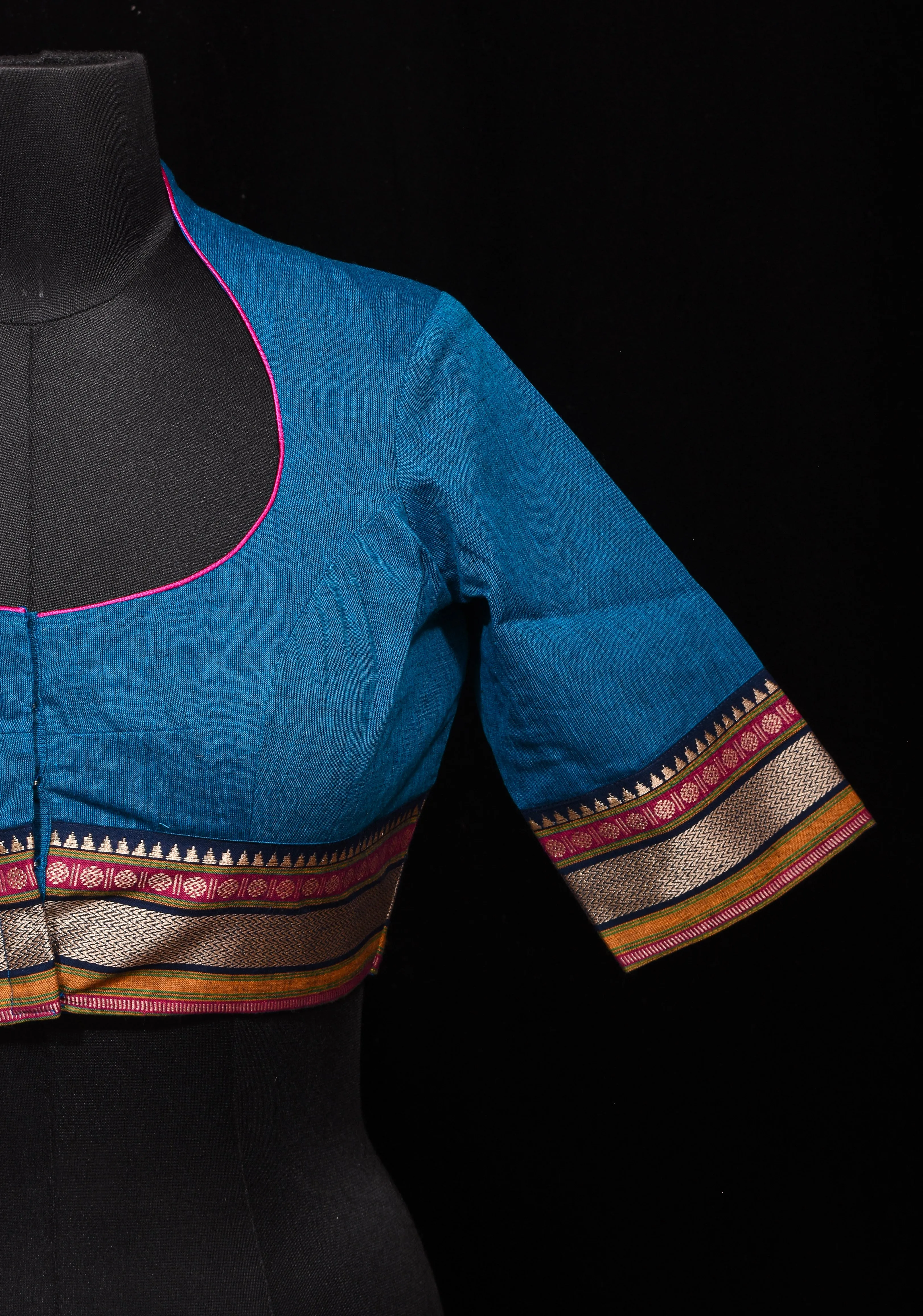 Copper Sulphate Blue Mangalagiri Cotton Blouse with Matka Neck and Cutout Detailing, Customizible,Made to order