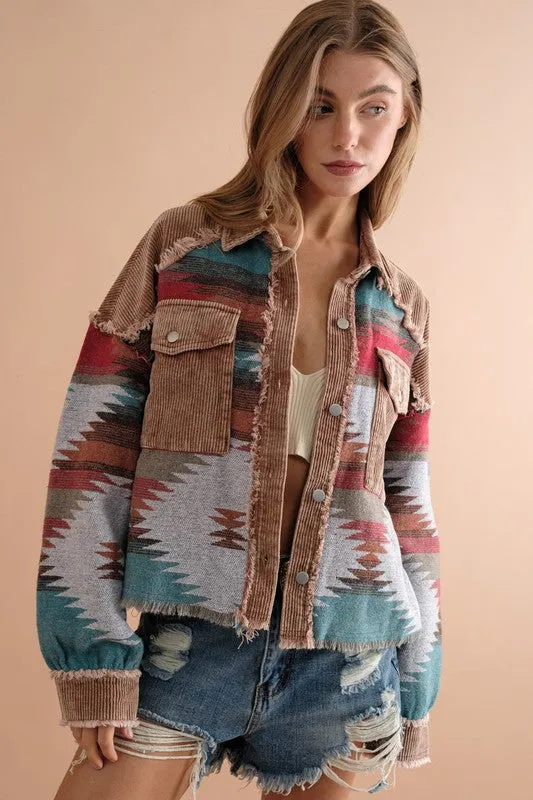 Corduroy Frayed Edge Aztec Crop Jacket