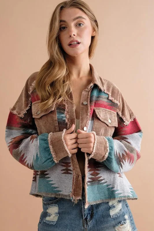 Corduroy Frayed Edge Aztec Crop Jacket