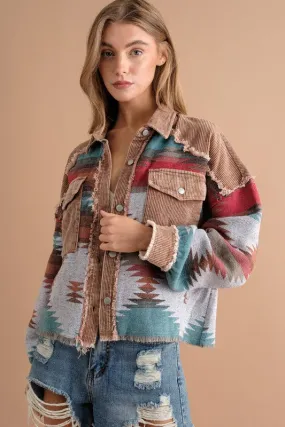 Corduroy Frayed Edge Aztec Crop Jacket