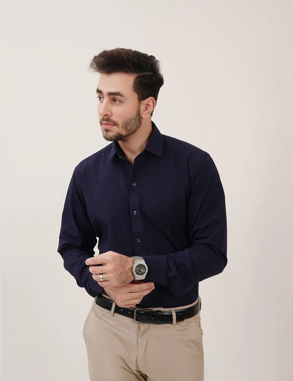 Dark Blue Self-Designed Dress Shirt for Men