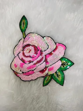 Delicate Pink Rose Embroidery Patch with Shaded Sequin Details (Wholesale)