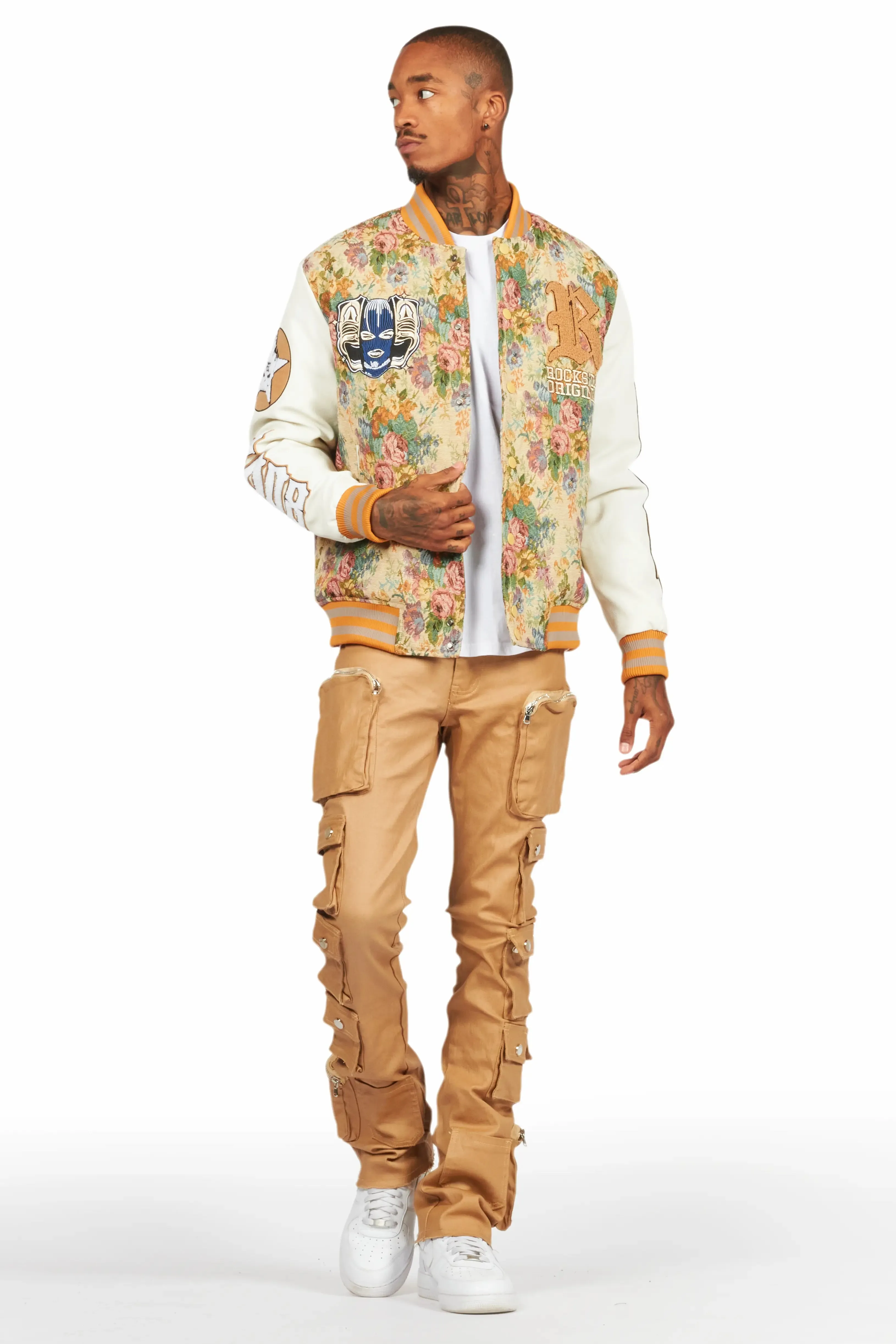 Doron Beige Tapestry Varsity Jacket