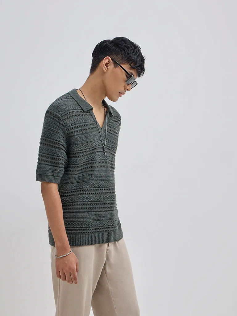 ETA Olive Knit-Textured Relaxed-Fit Polo T-Shirt