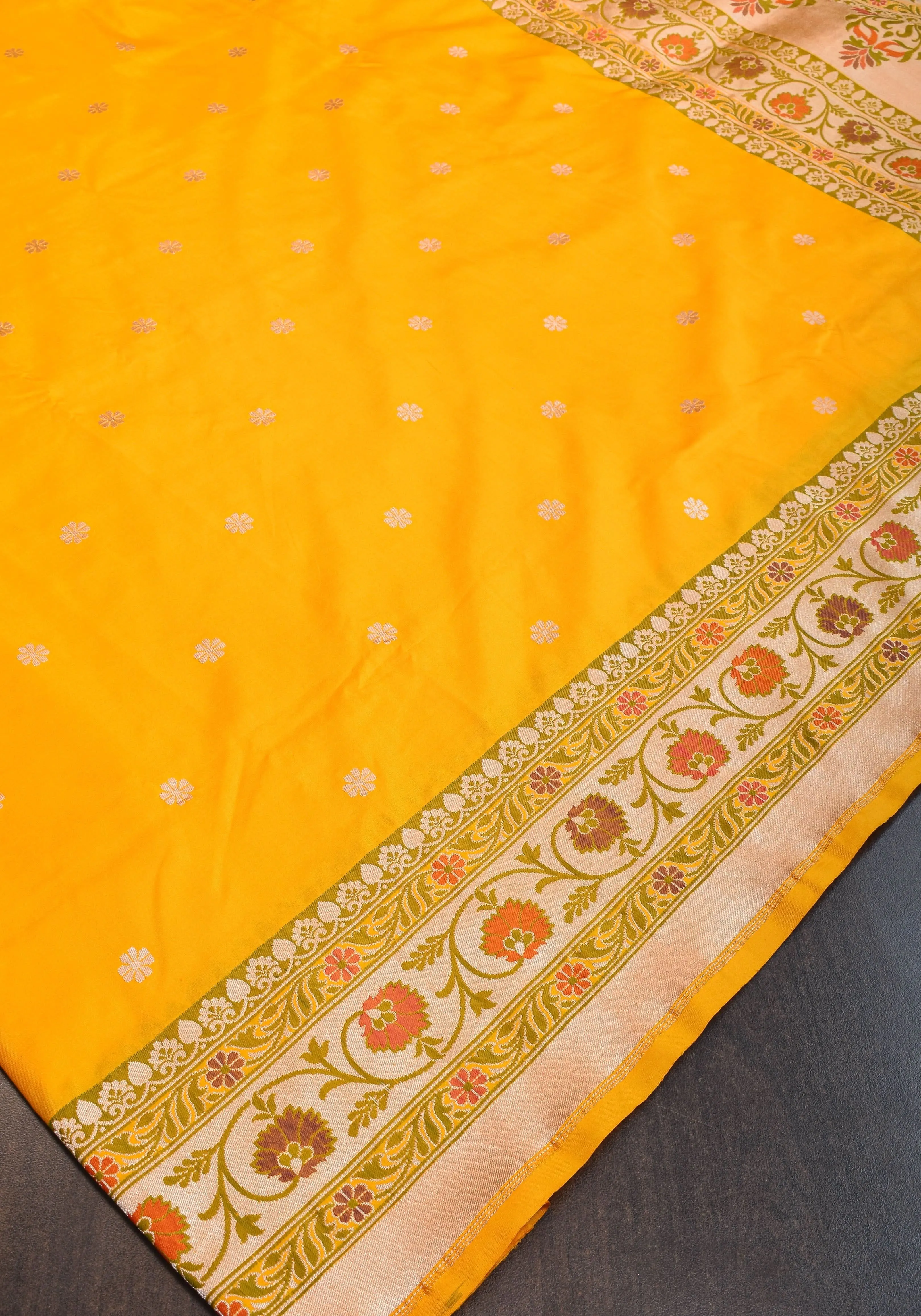 Exquisite Banarasi Katan Silk Saree in Yellow with Paithani Style Border | SILK MARK CERTIFIED