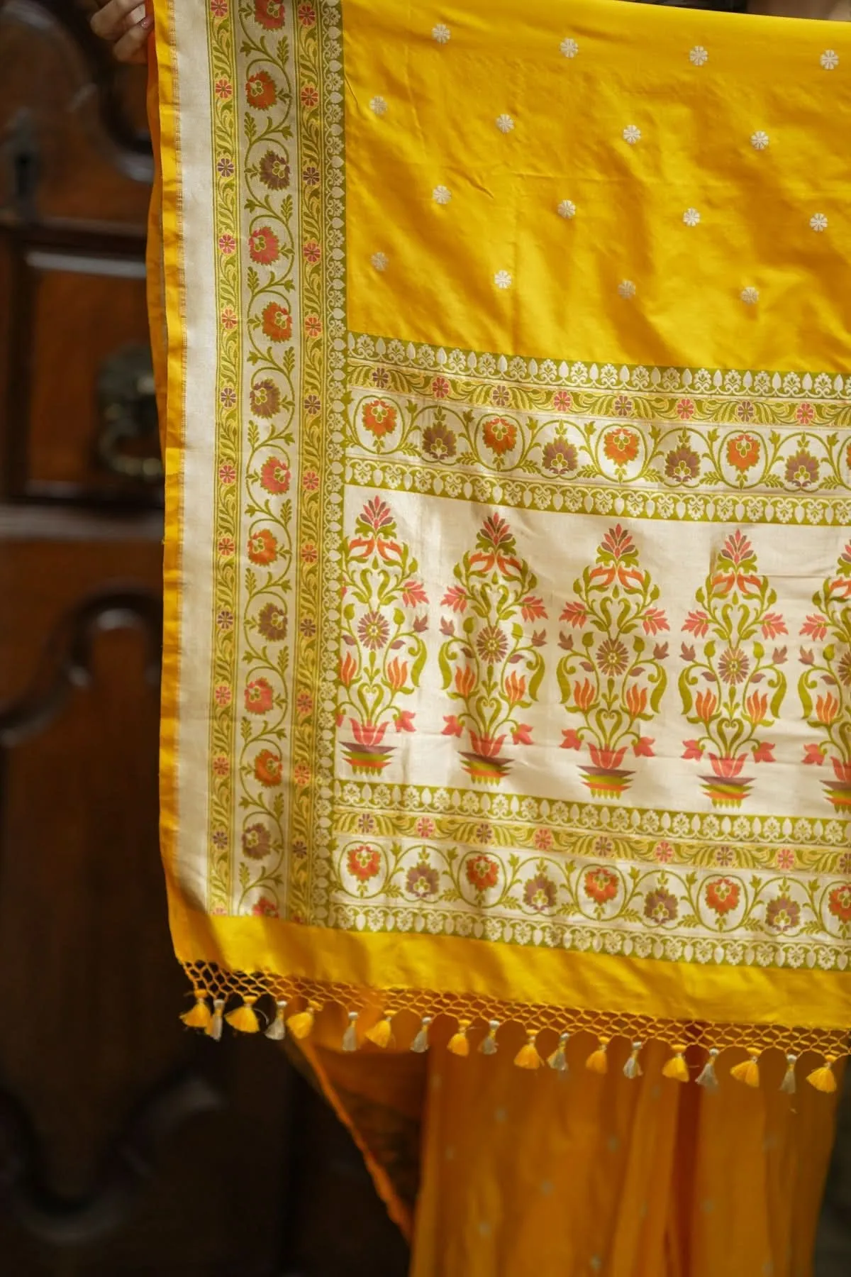 Exquisite Banarasi Katan Silk Saree in Yellow with Paithani Style Border | SILK MARK CERTIFIED