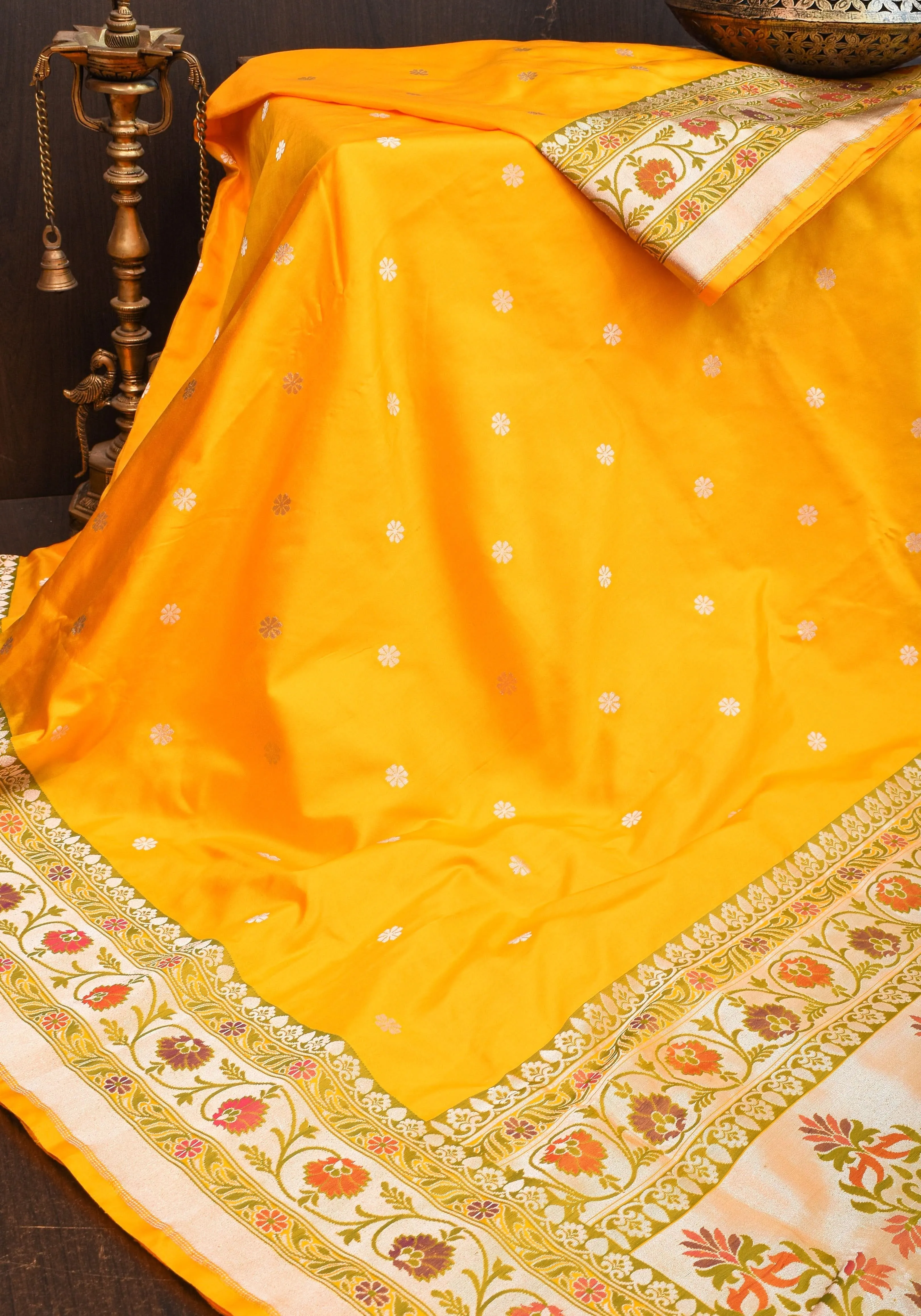 Exquisite Banarasi Katan Silk Saree in Yellow with Paithani Style Border | SILK MARK CERTIFIED