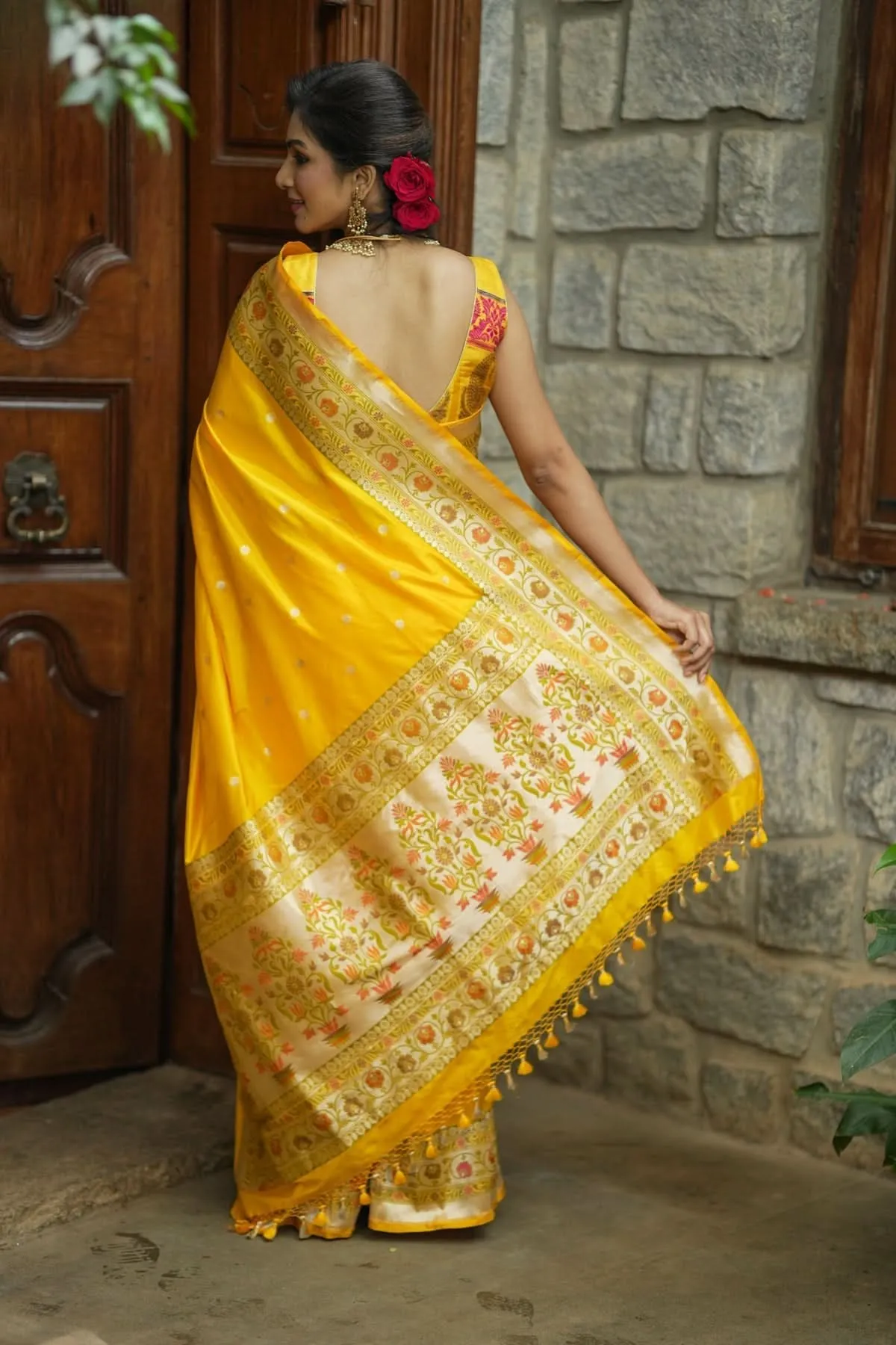 Exquisite Banarasi Katan Silk Saree in Yellow with Paithani Style Border | SILK MARK CERTIFIED