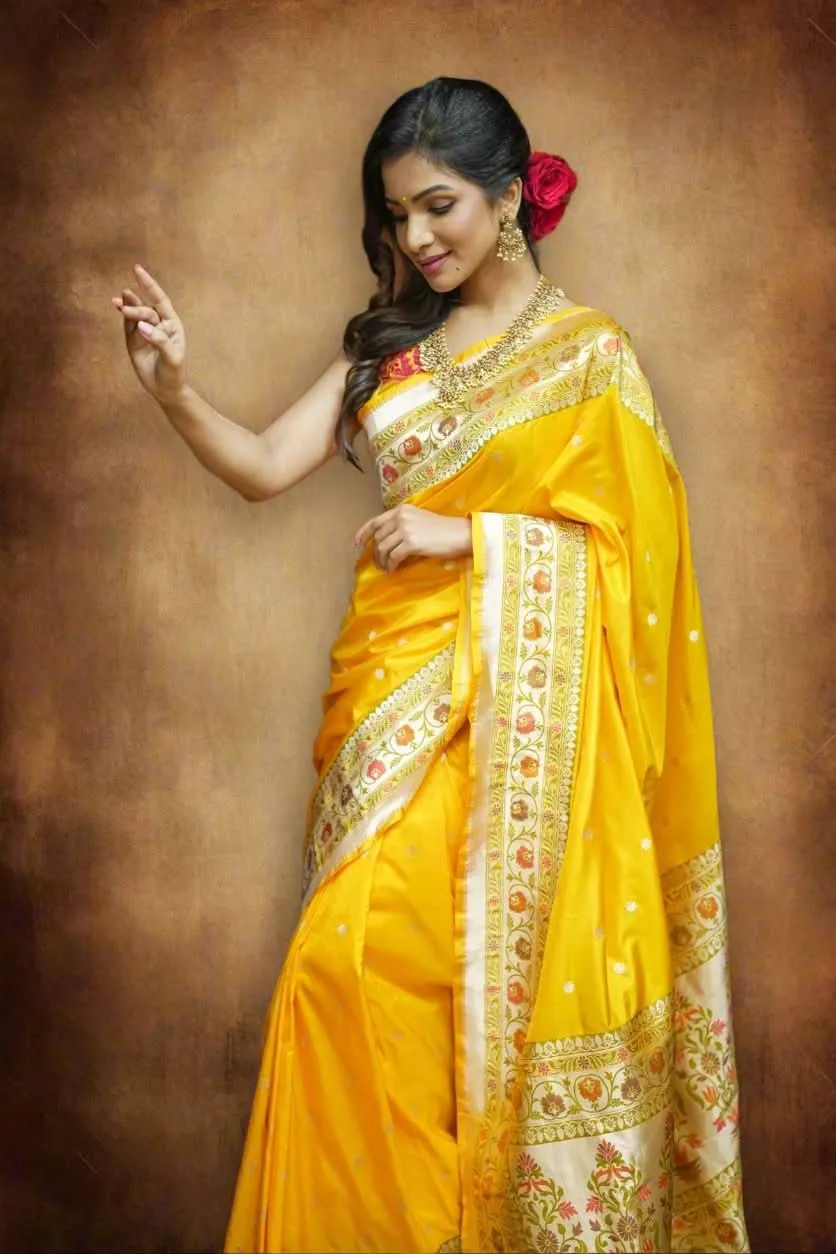 Exquisite Banarasi Katan Silk Saree in Yellow with Paithani Style Border | SILK MARK CERTIFIED