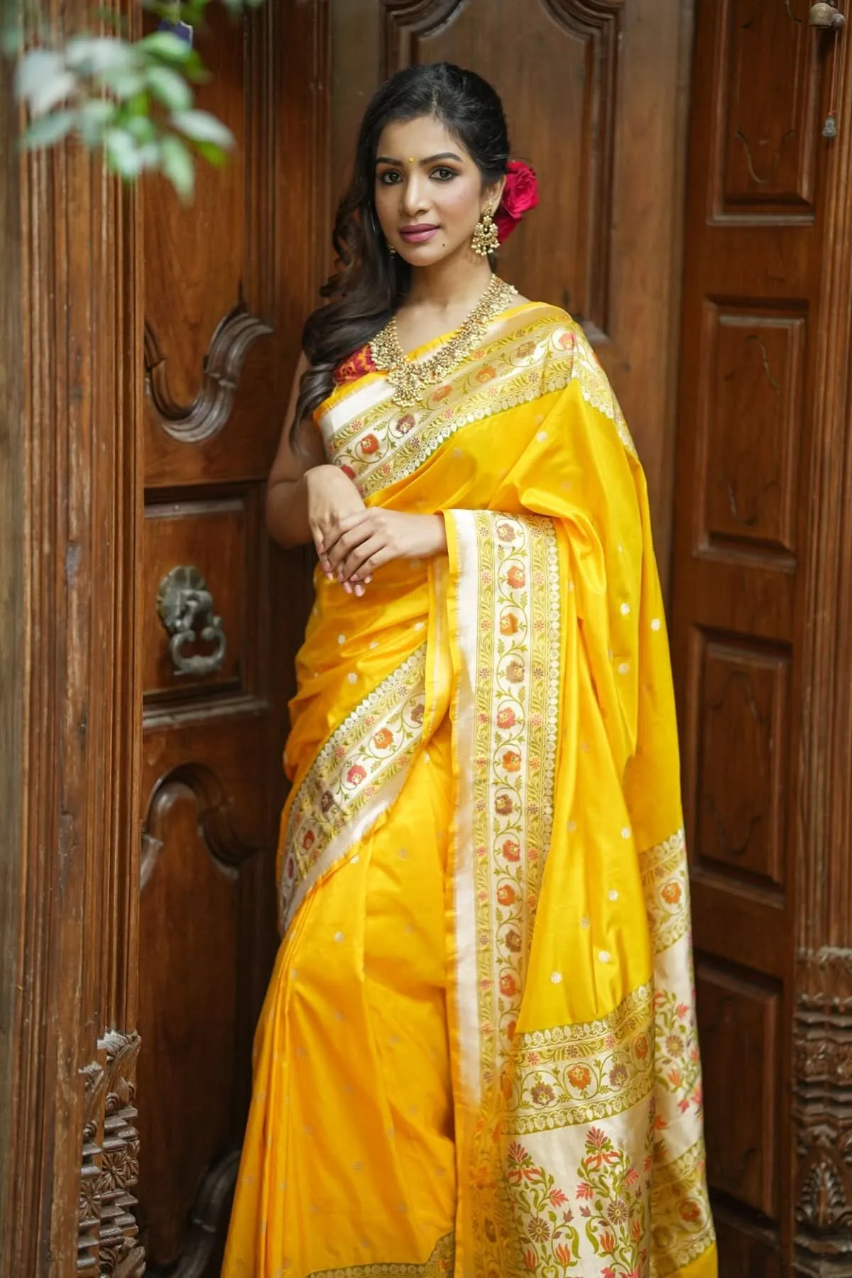 Exquisite Banarasi Katan Silk Saree in Yellow with Paithani Style Border | SILK MARK CERTIFIED