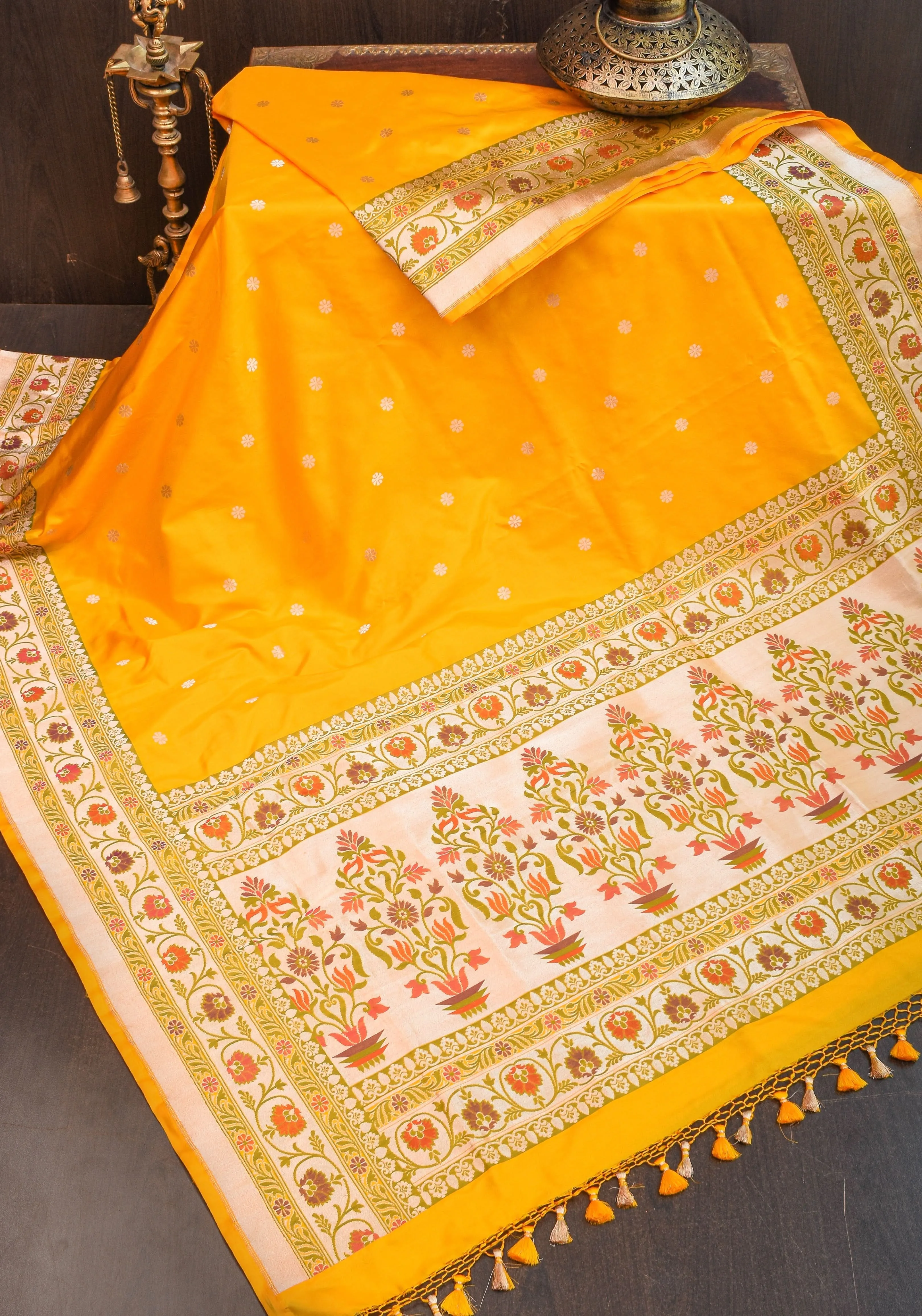 Exquisite Banarasi Katan Silk Saree in Yellow with Paithani Style Border | SILK MARK CERTIFIED